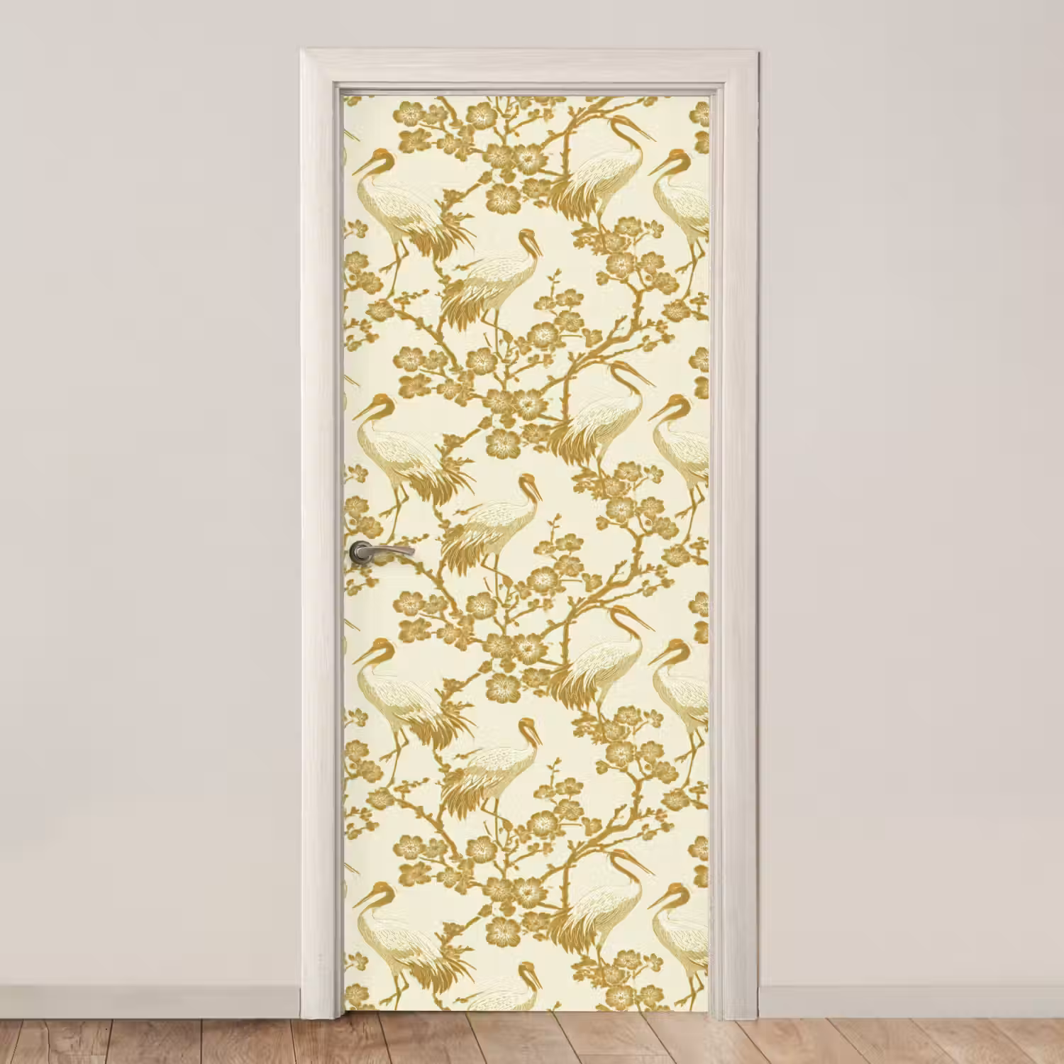 Kraanvogels - Kersenbloesem - Goud deurposter klein 289 -3d_beige