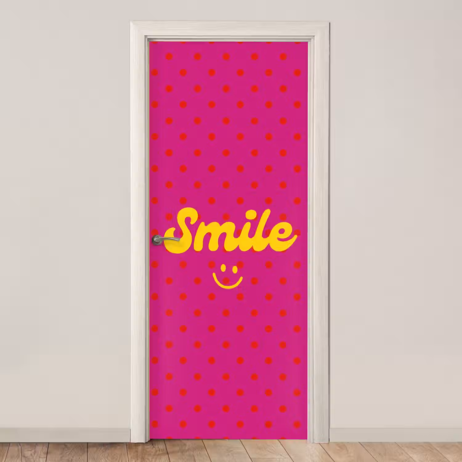 Smile - Stippen - Geel - Smiley - Roze deurposter klein -3d_beige