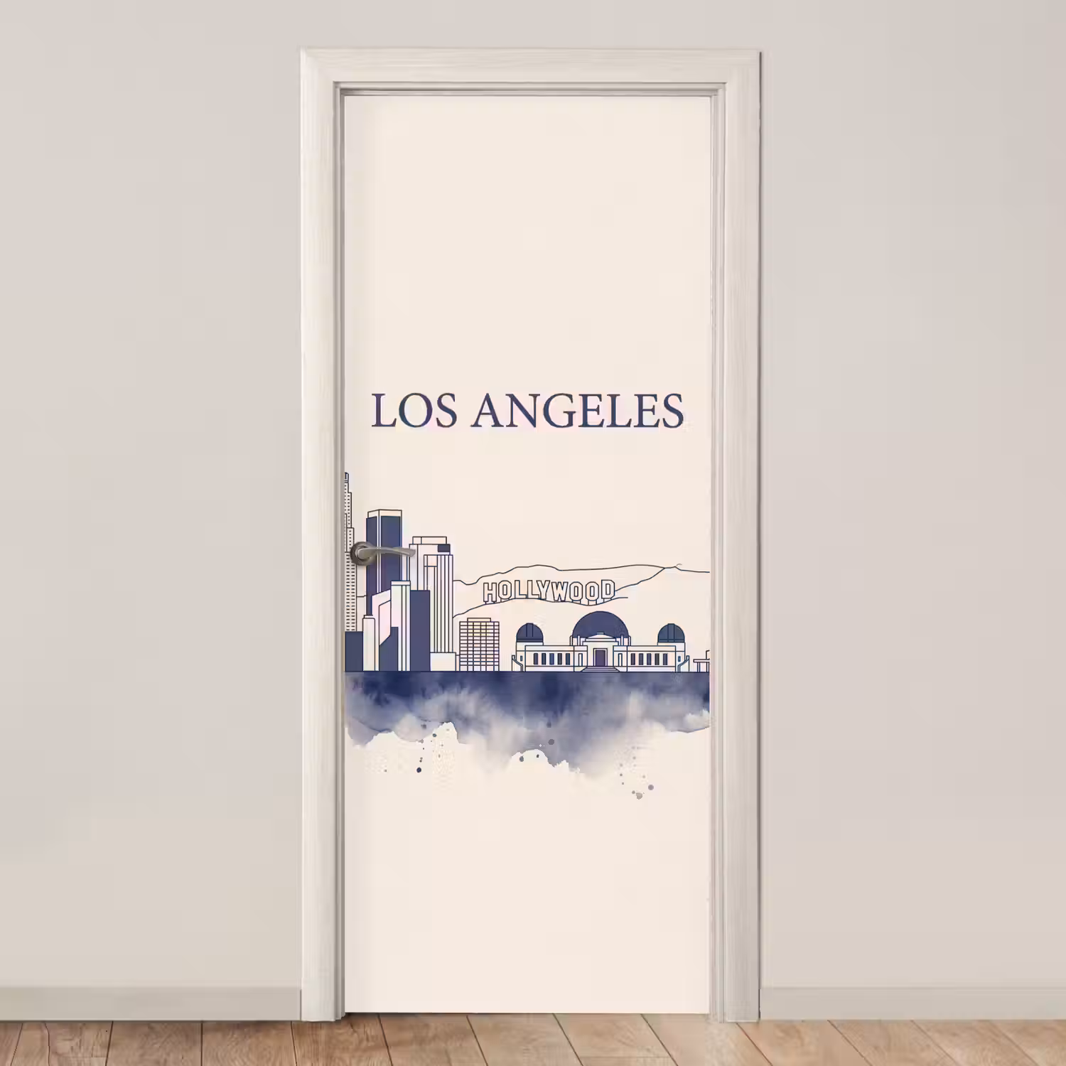 Los Angeles - Skyline - Architectuur - Aquarel - Blauw deurposter klein -3d_beige