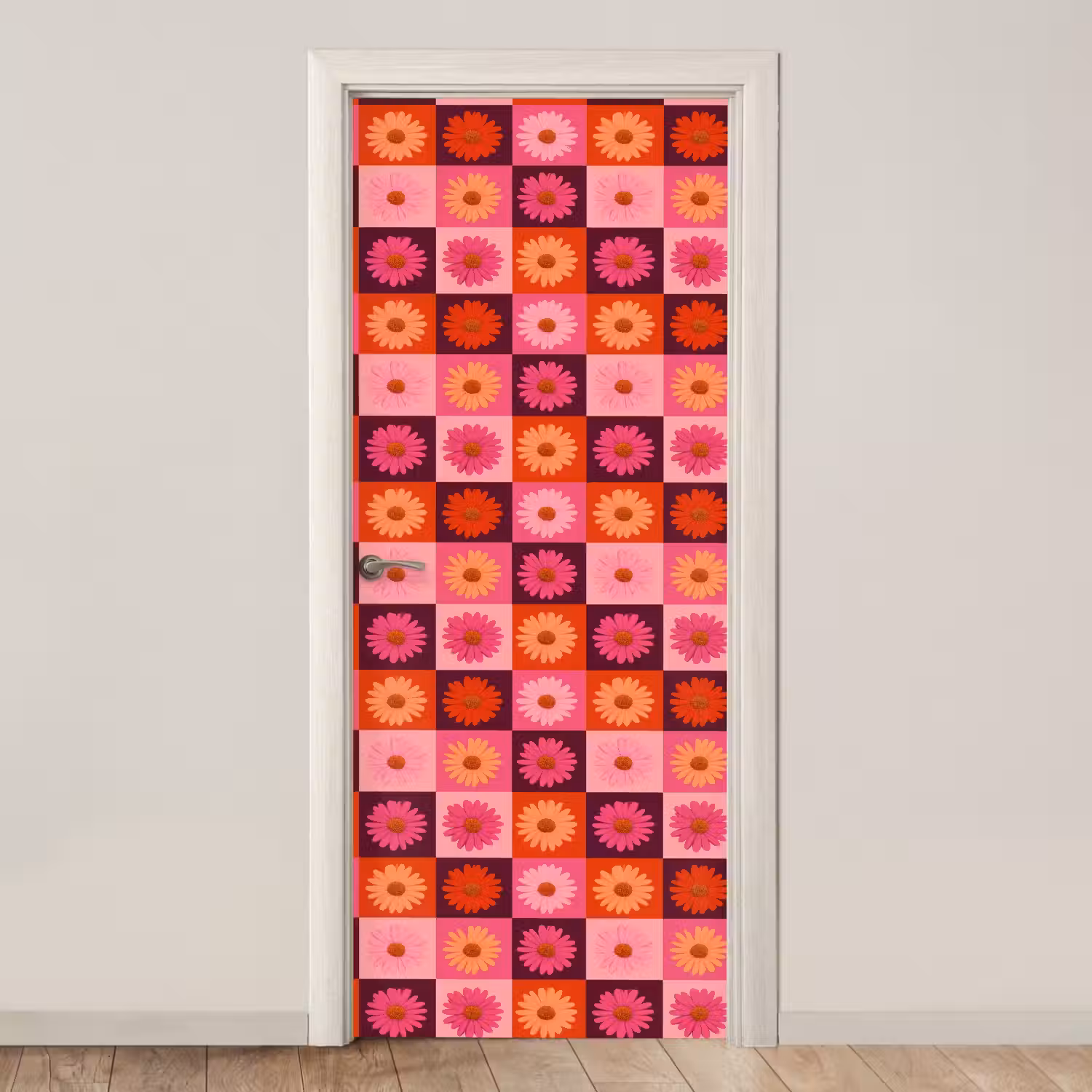 Madeliefjes - Dambord - Retro - Roze - Oranje deurposter klein 289 -3d_beige
