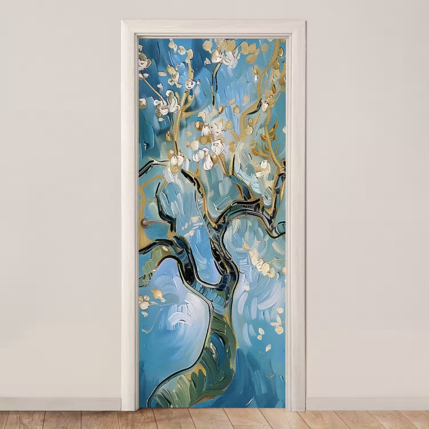 Amandelbloesem boom - Blauw - Abstract deurposter klein -3d_beige