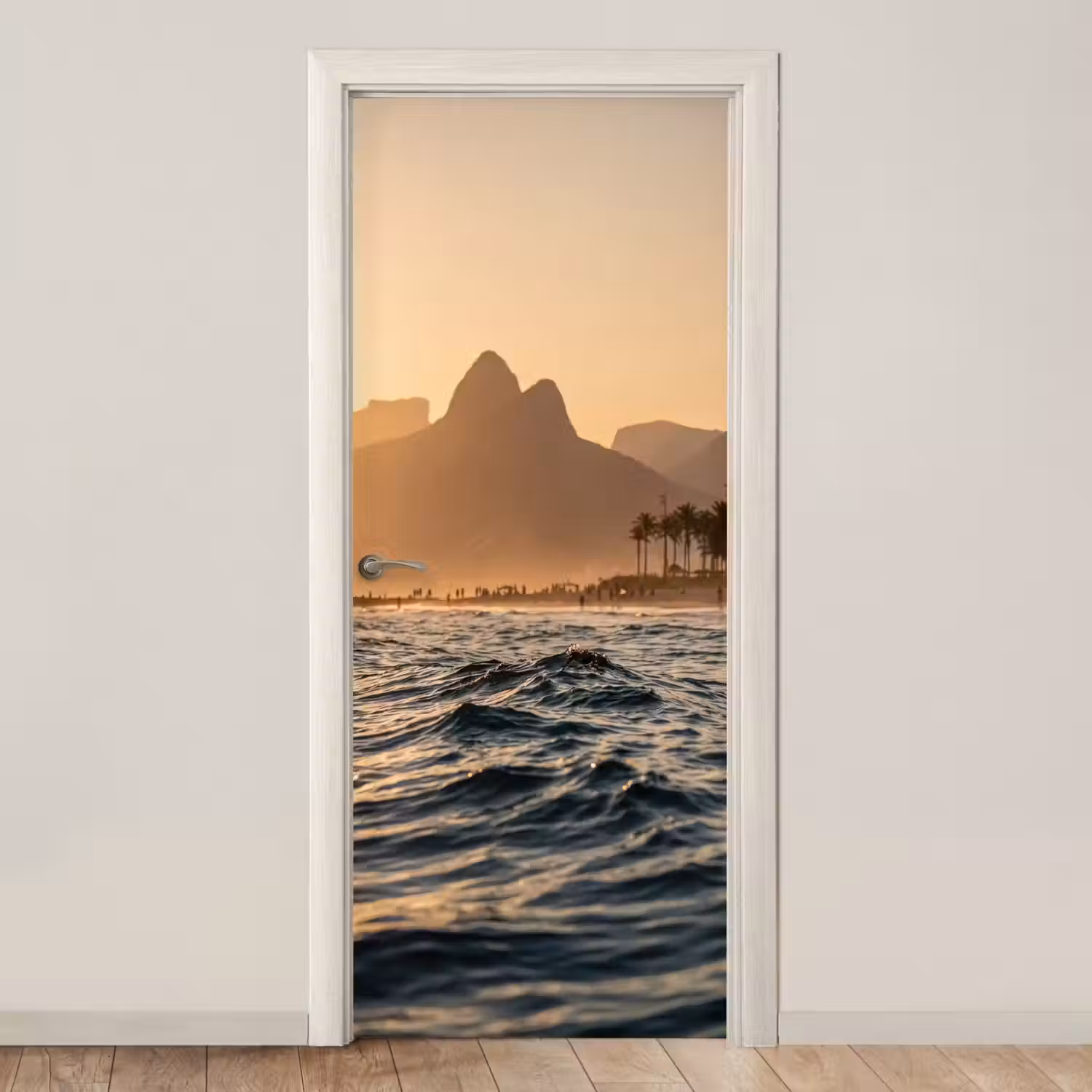 Zee - Golven - Zonsondergang - Kust - Goud deurposter klein -3d_beige