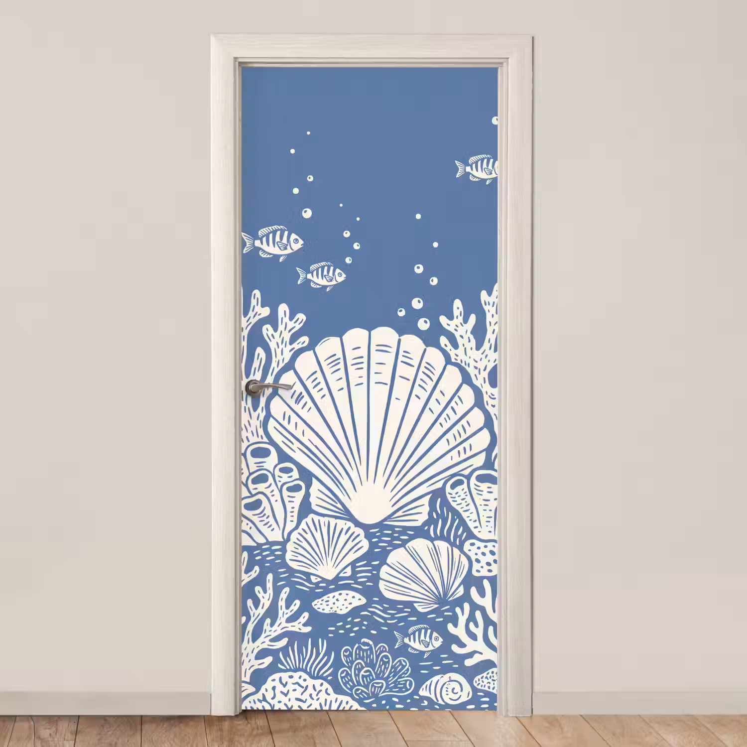 Zeeleven - Koraal - Schelp - Vis - Illustratie - Onderwater deurposter klein -3d_beige