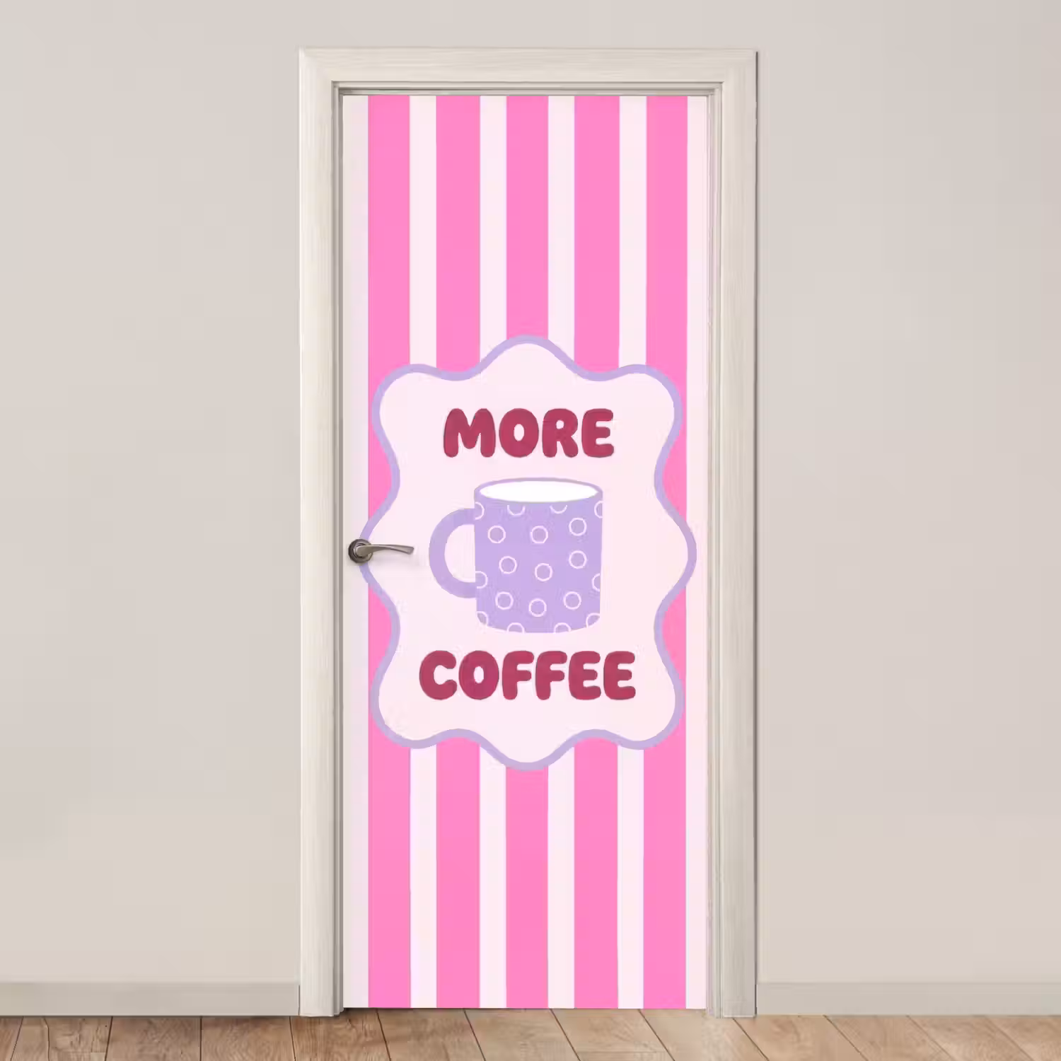 More coffee - Roze - Paars - Strepen - Mok deurposter klein -3d_beige