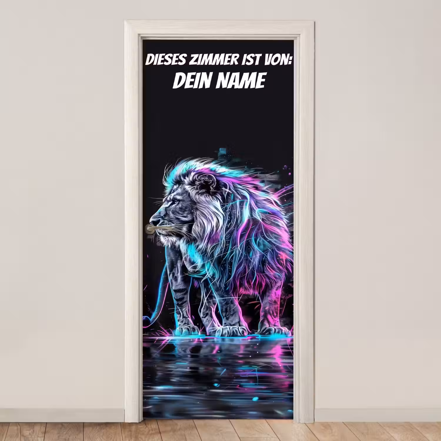 Neon-Löwe auf dunklem Hintergrund mit Namensfeld. deurposter klein -3d_beige