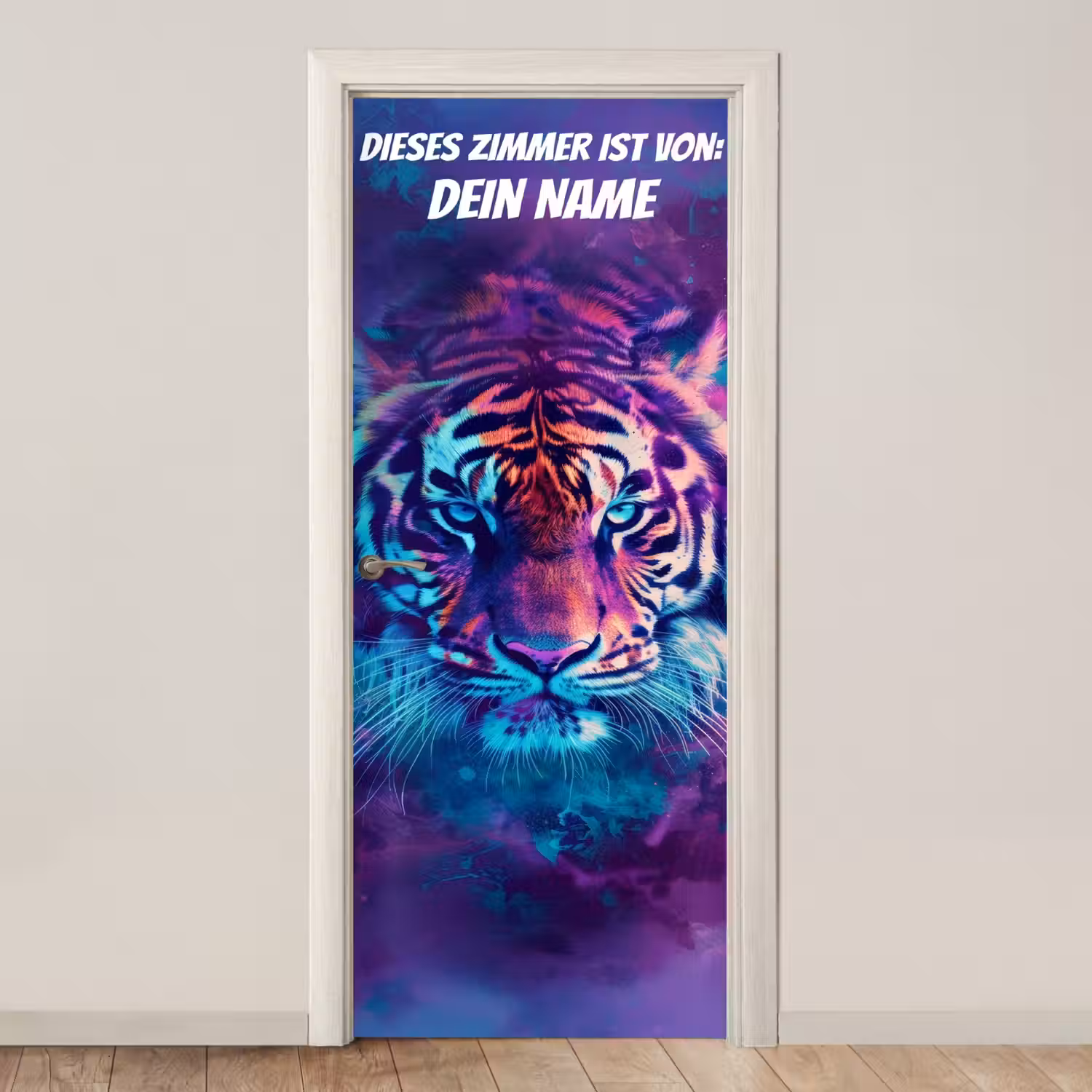 Neon-Tigerporträt mit Namensfeld. deurposter klein -3d_beige