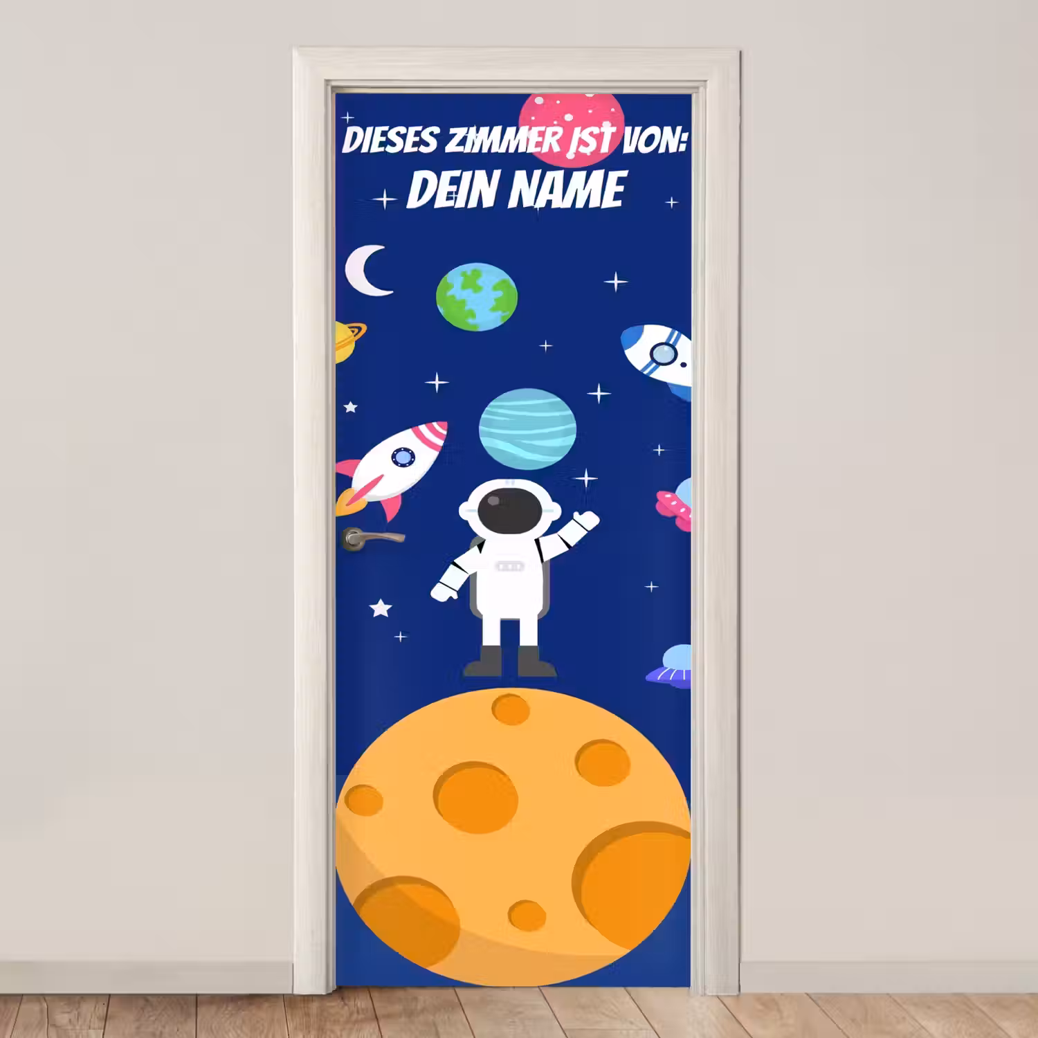 Astronaut steht auf Planet im Weltraum. deurposter klein -3d_beige