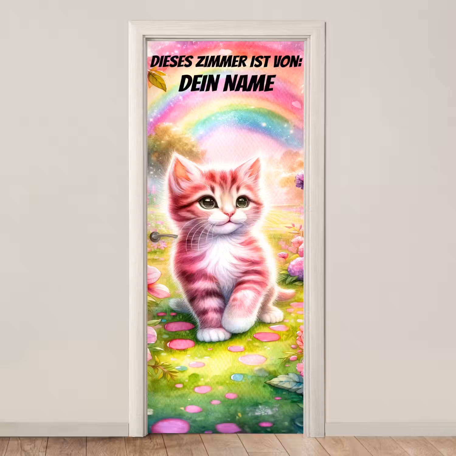Buntes Kätzchen unter Regenbogen im Garten. deurposter klein -3d_beige