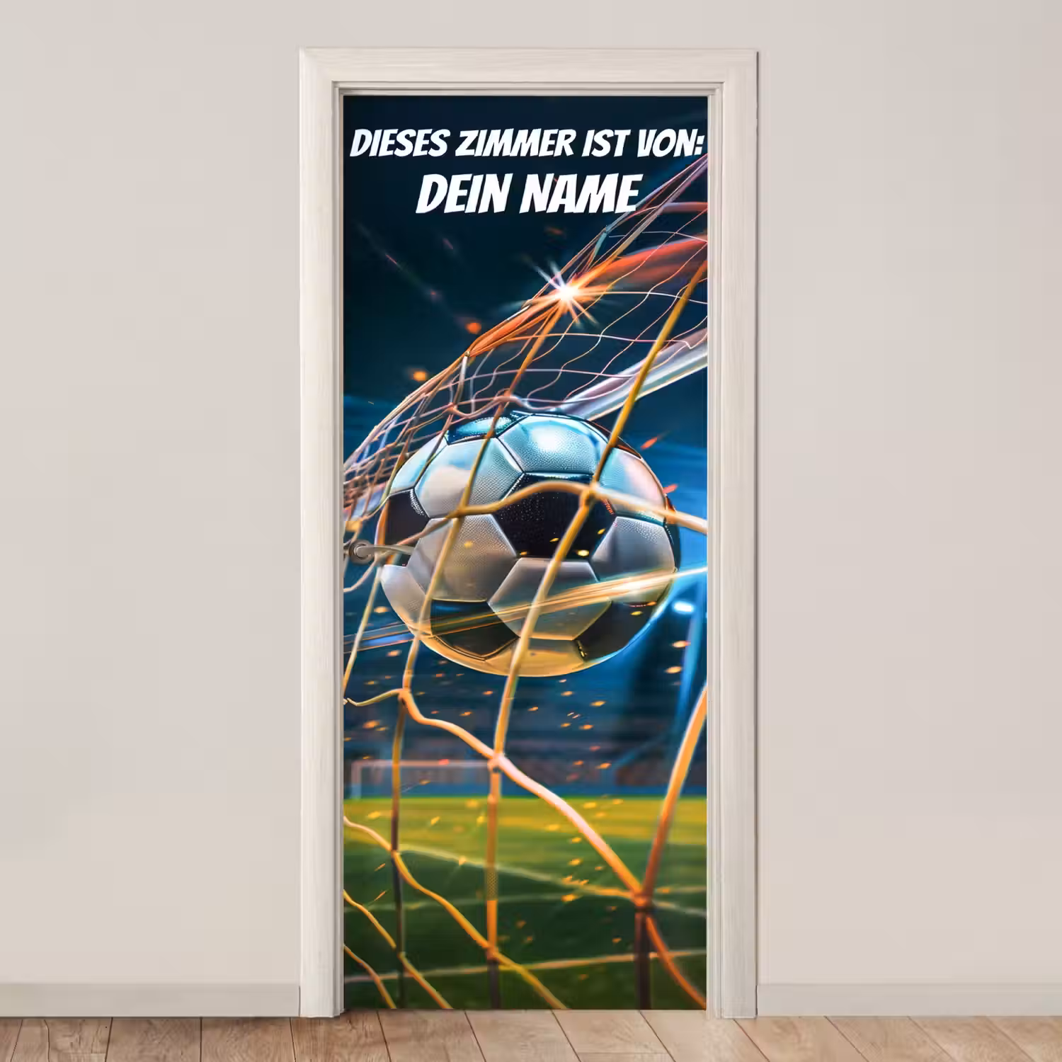 Fußball im Tornetz mit Namensfeld. deurposter klein -3d_beige