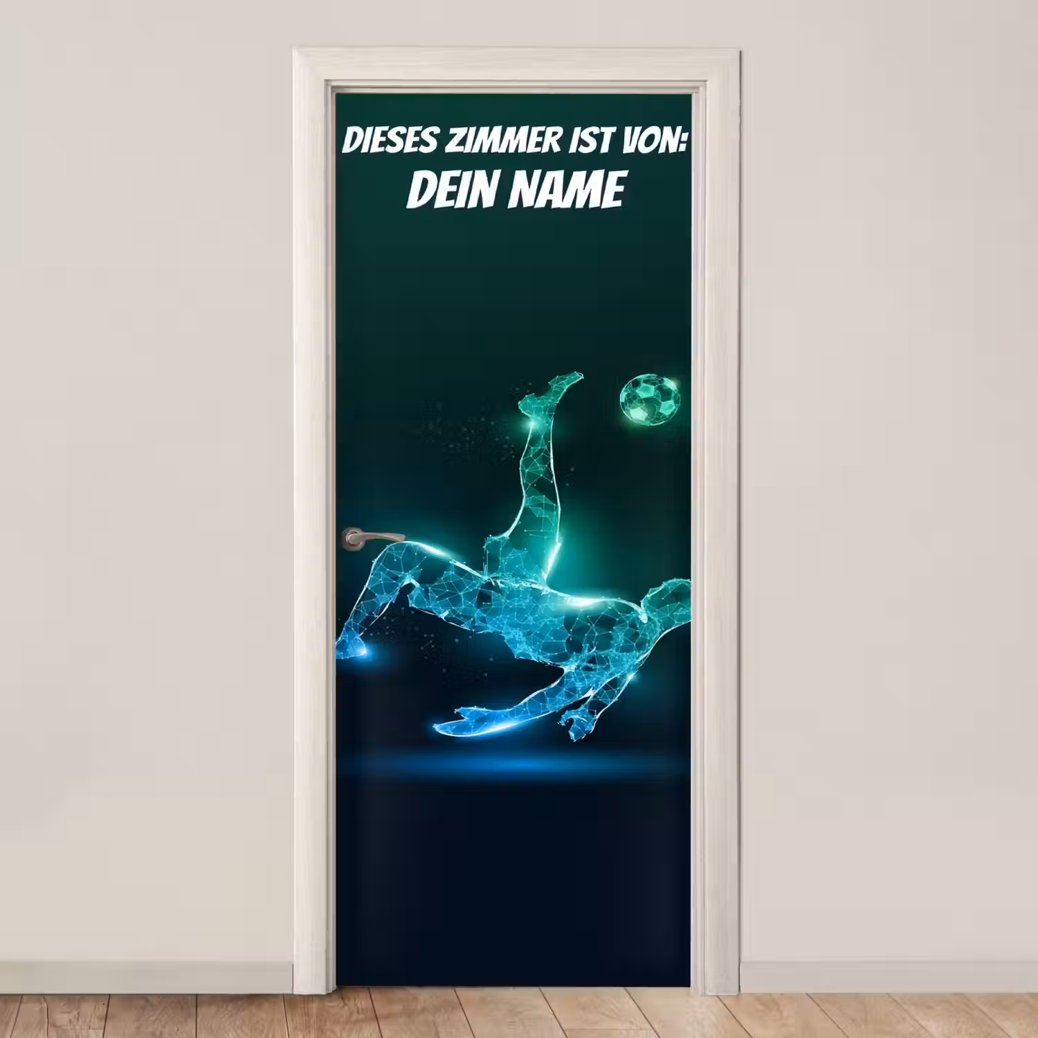 Futuristischer Fußballspieler mit Namensfeld. deurposter klein -3d_beige