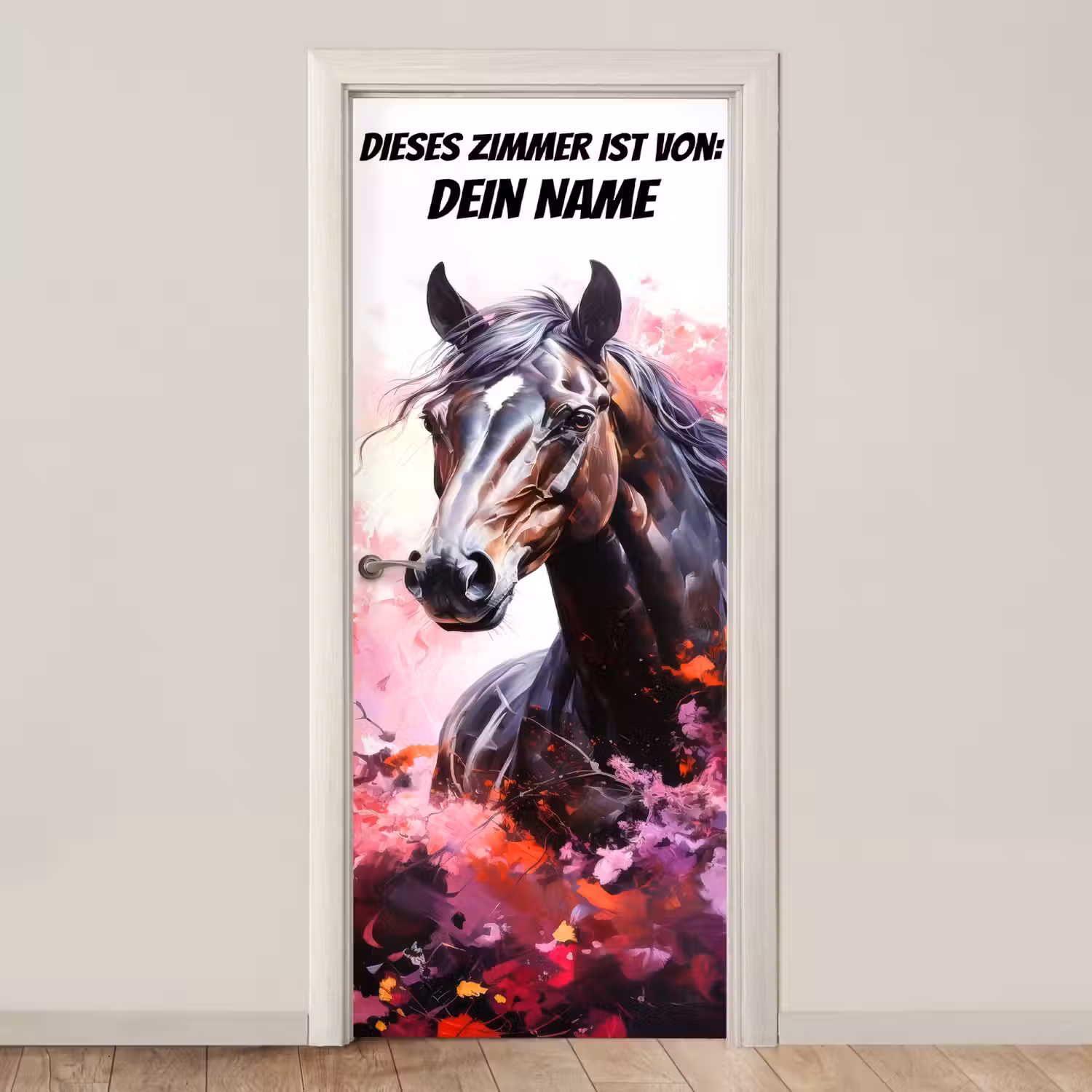 Gemaltes Pferd in kräftigen Farben mit personalisierbarem Text oben. deurposter klein -3d_beige