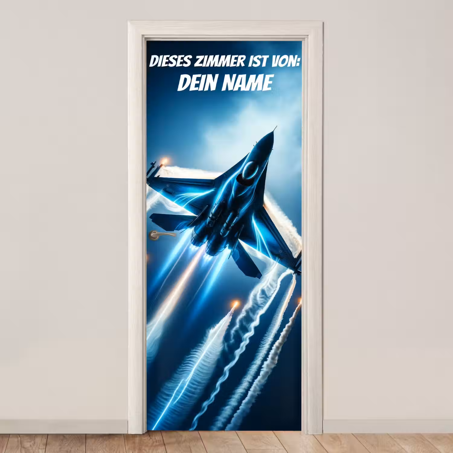 Kampfjet im Flug mit Namensfeld. deurposter klein -3d_beige