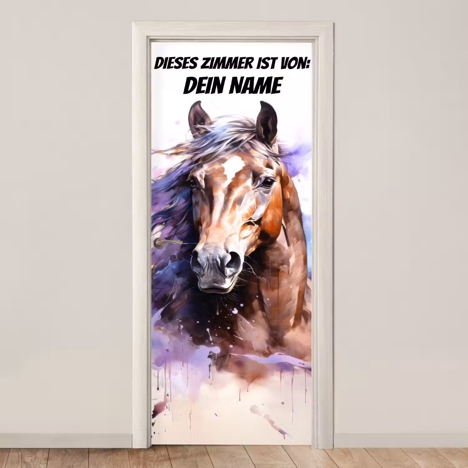 Künstlerisches Pferdeporträt im Aquarellstil mit personalisierbarem Namensfeld. deurposter klein -3d_beige