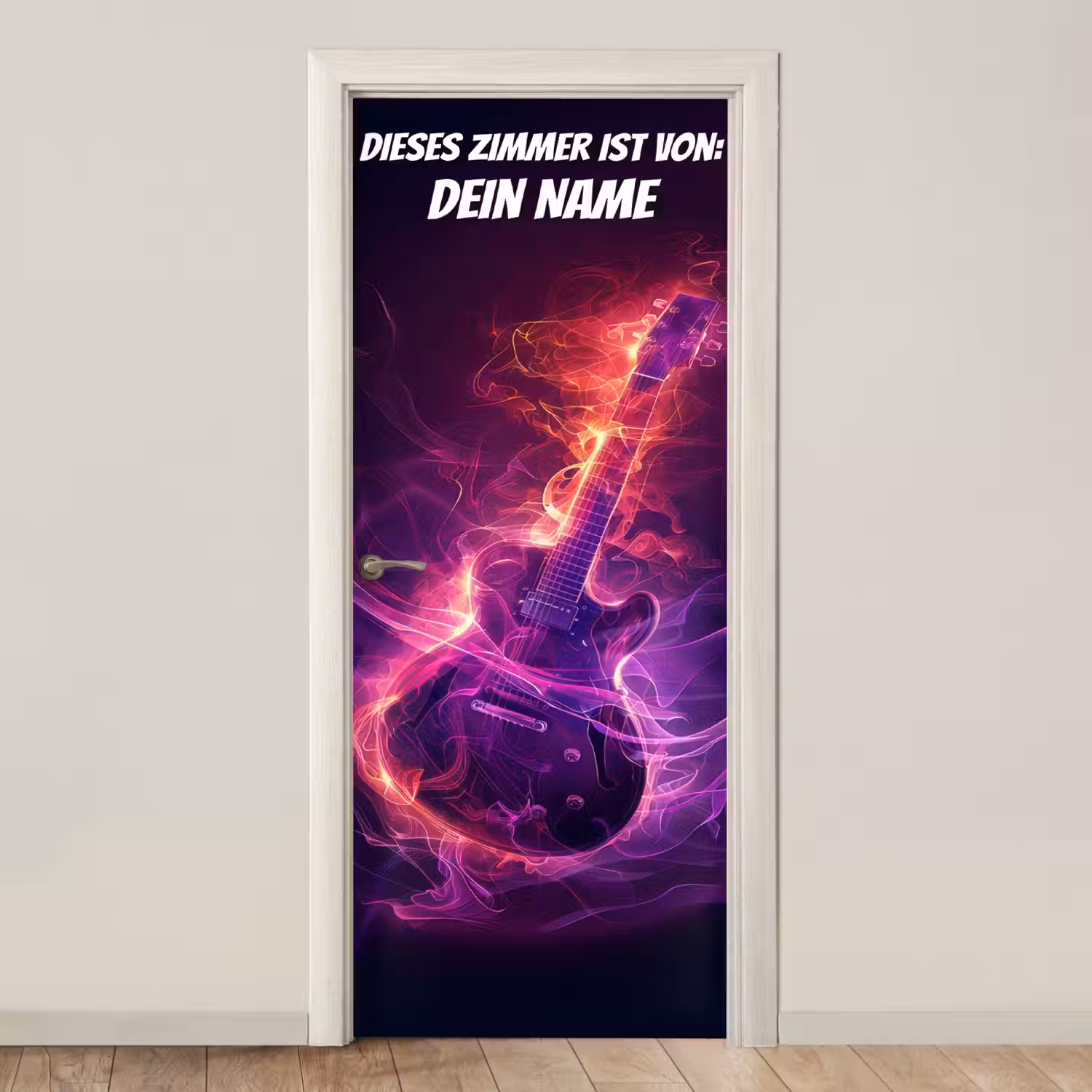 Leuchtende E-Gitarre im Neon-Stil mit personalisierbarem Namensfeld. deurposter klein -3d_beige