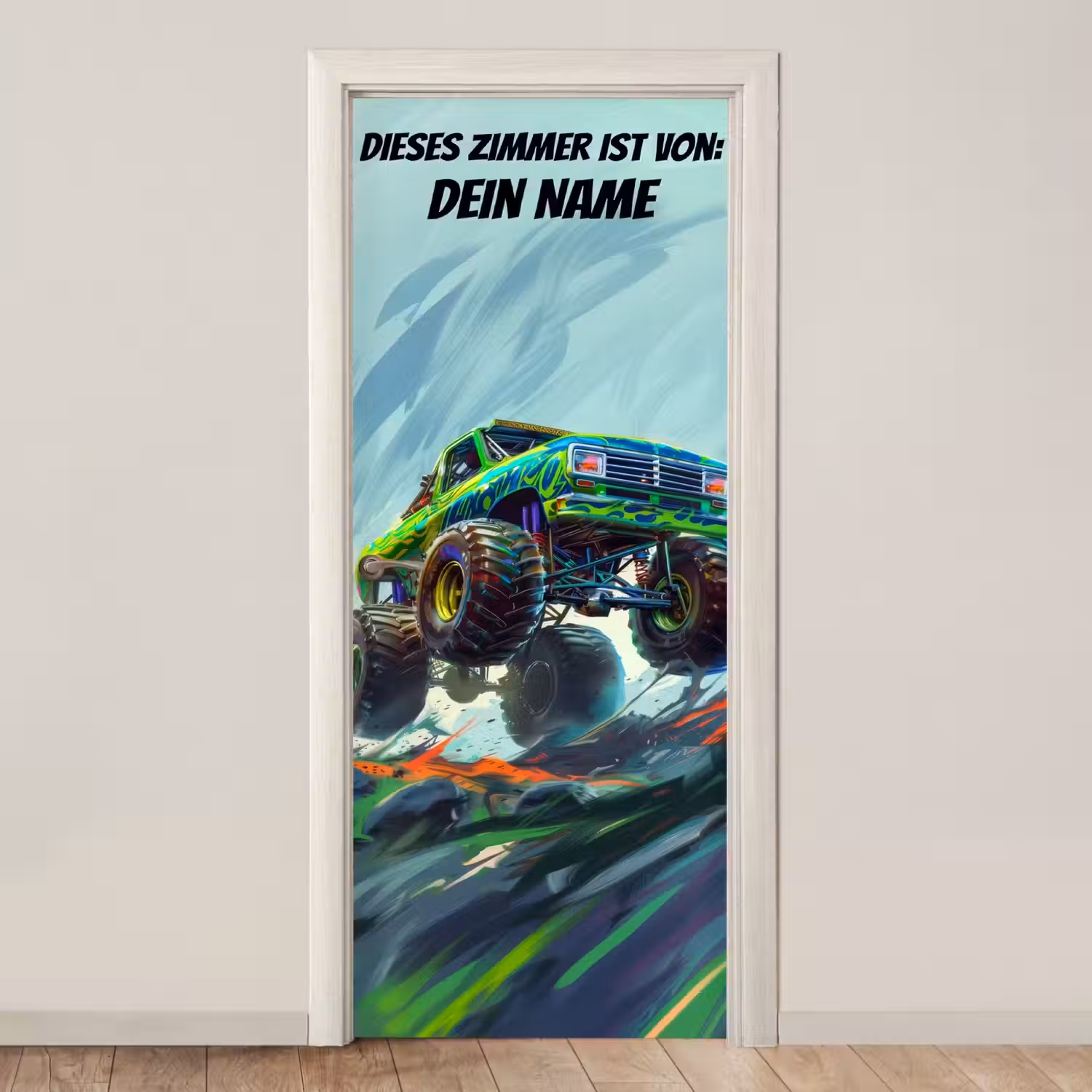 Monstertruck in Action mit Namensfeld. deurposter klein -3d_beige