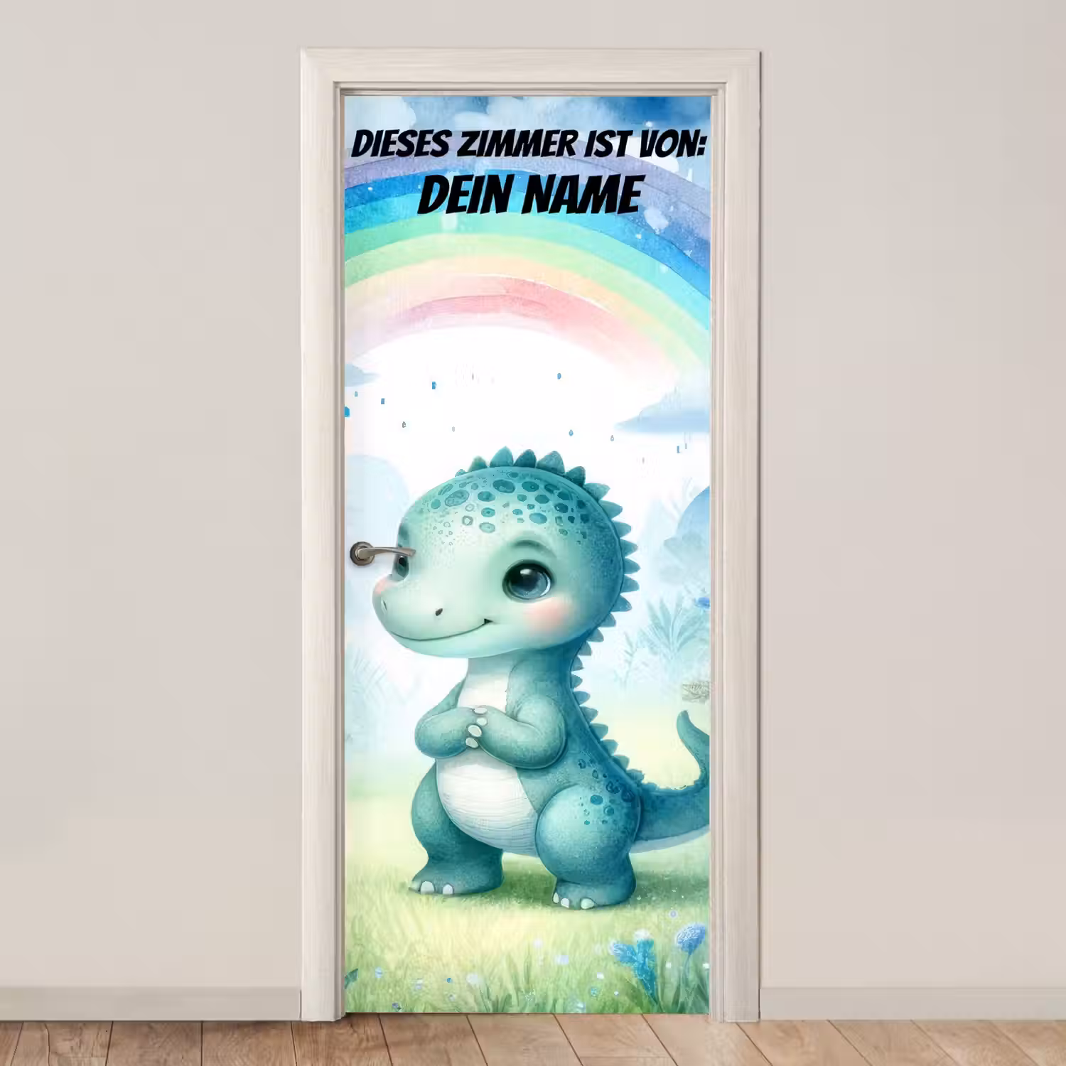 Niedlicher Dino unter Regenbogen im Aquarellstil. deurposter klein -3d_beige