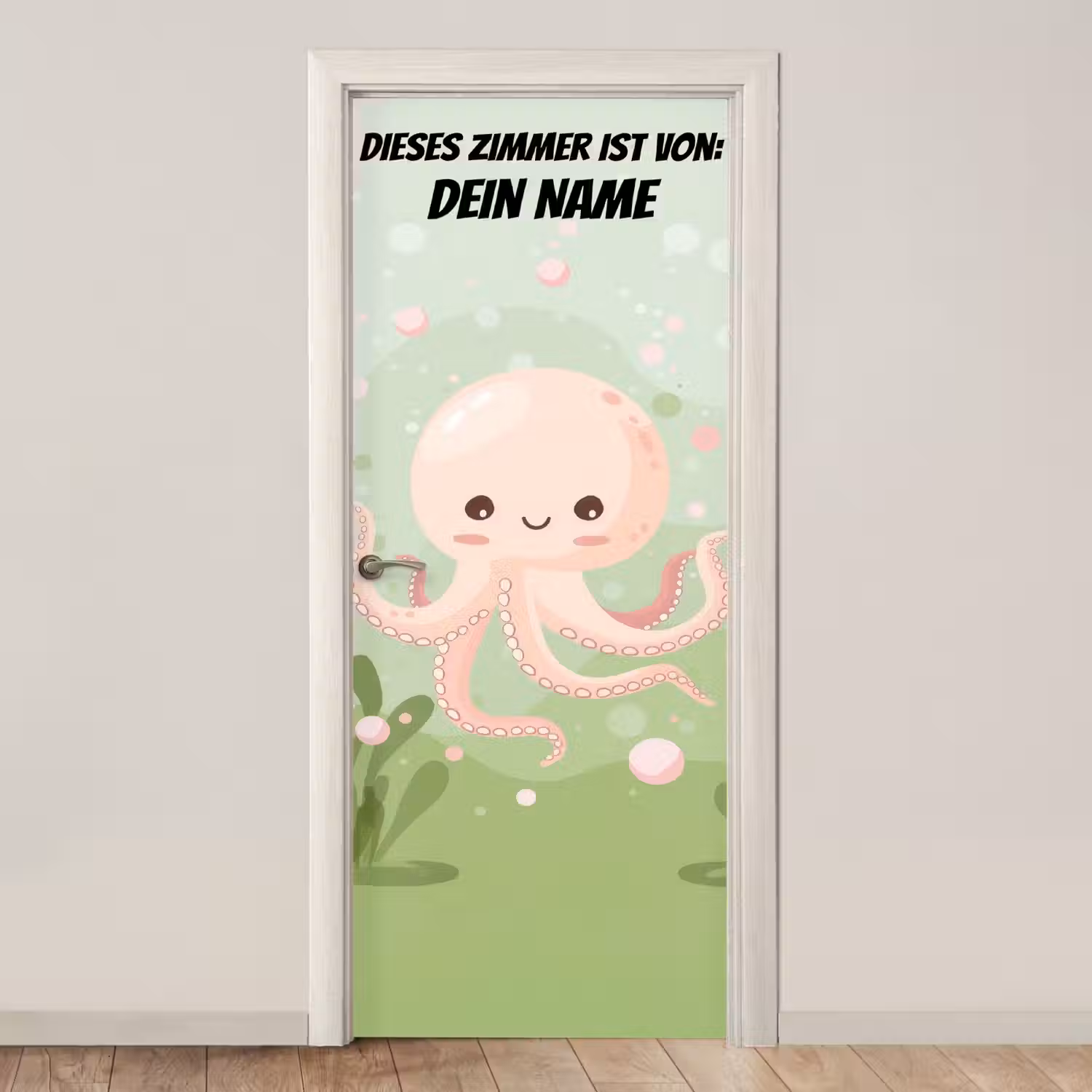 Niedlicher Oktopus auf grünem Hintergrund. deurposter klein -3d_beige