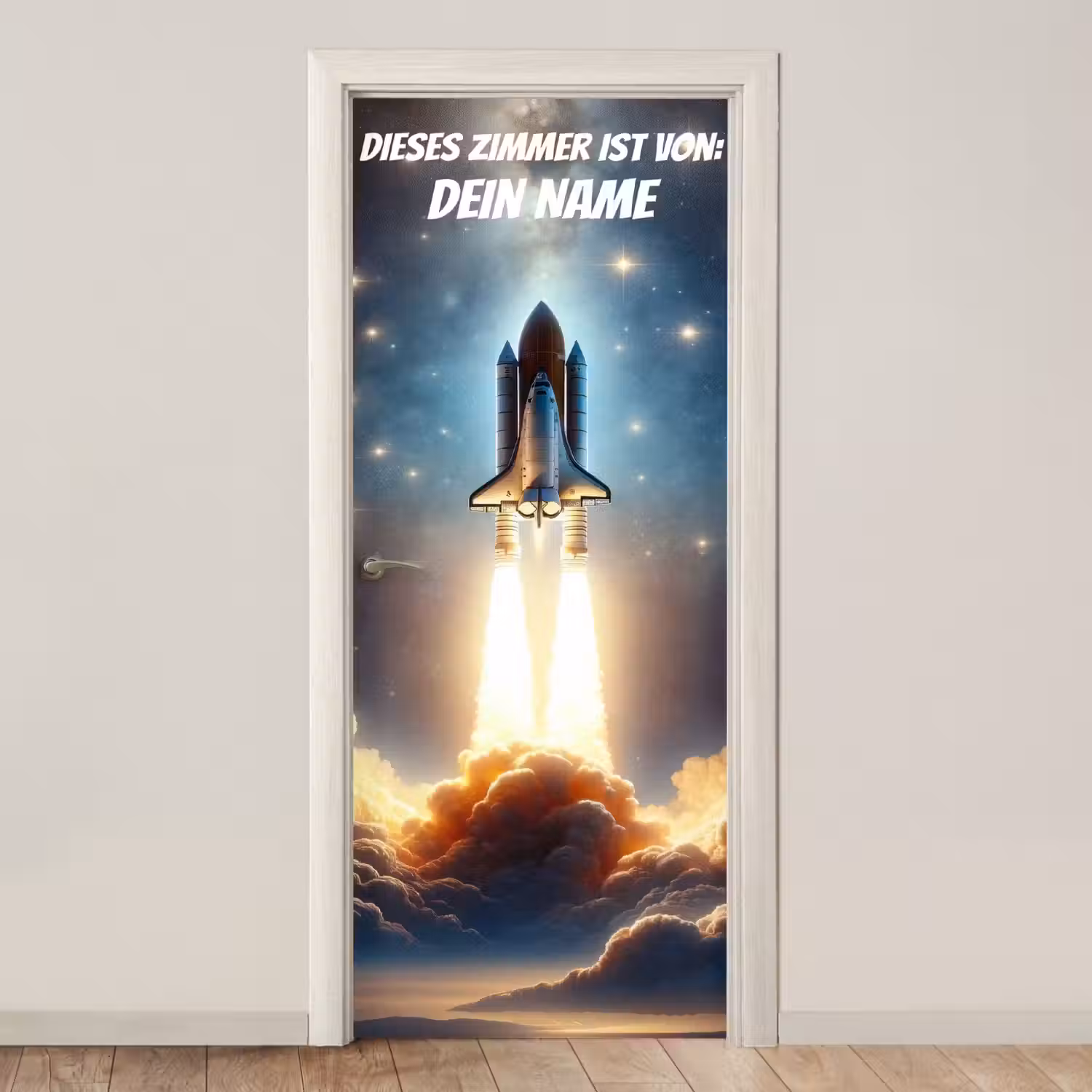 Raketenstart im Weltraum mit Namensfeld. deurposter klein -3d_beige