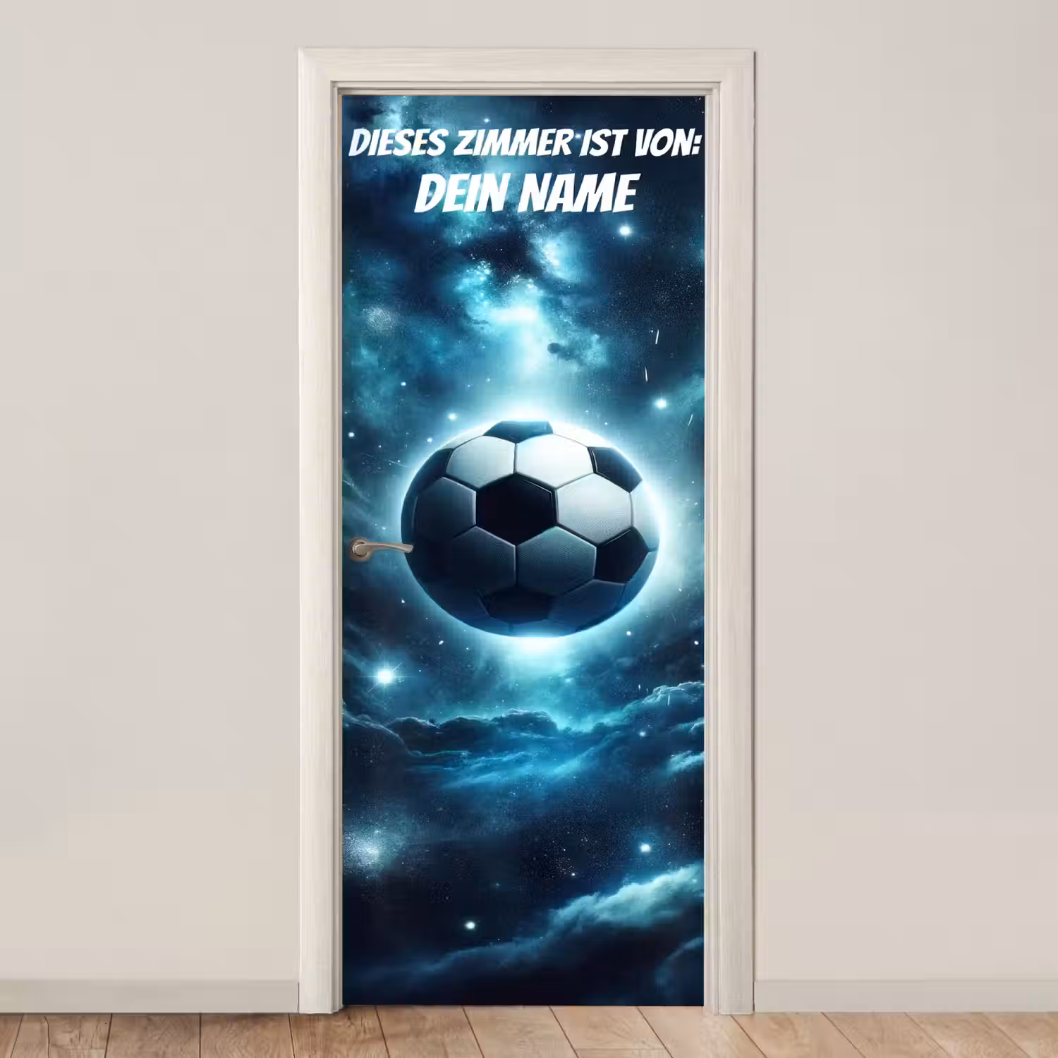Schwebender Fußball im Weltraum mit Namensfeld. deurposter klein -3d_beige