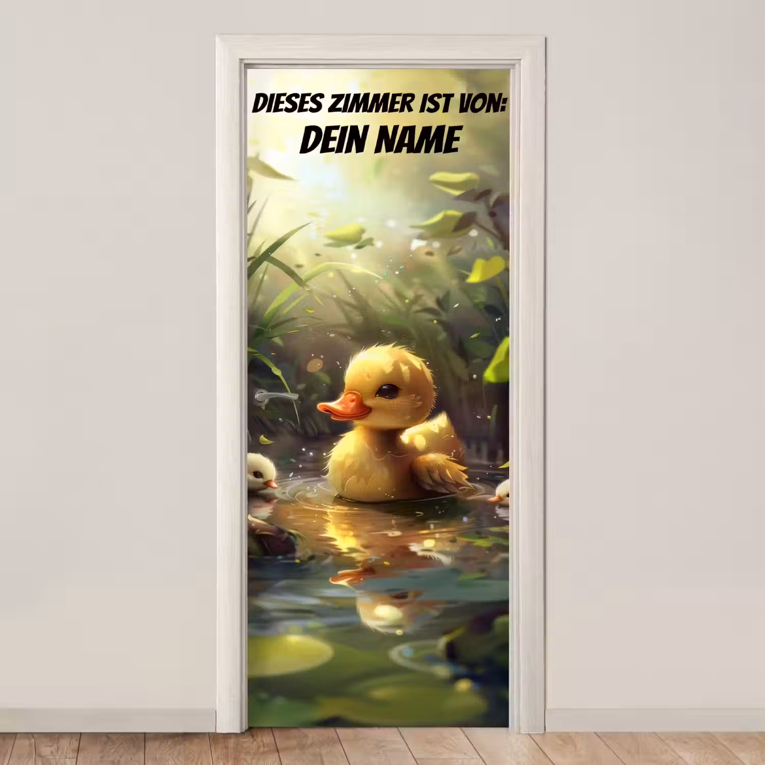 Süßes Entenküken im Wasser mit Namensfeld. deurposter klein -3d_beige