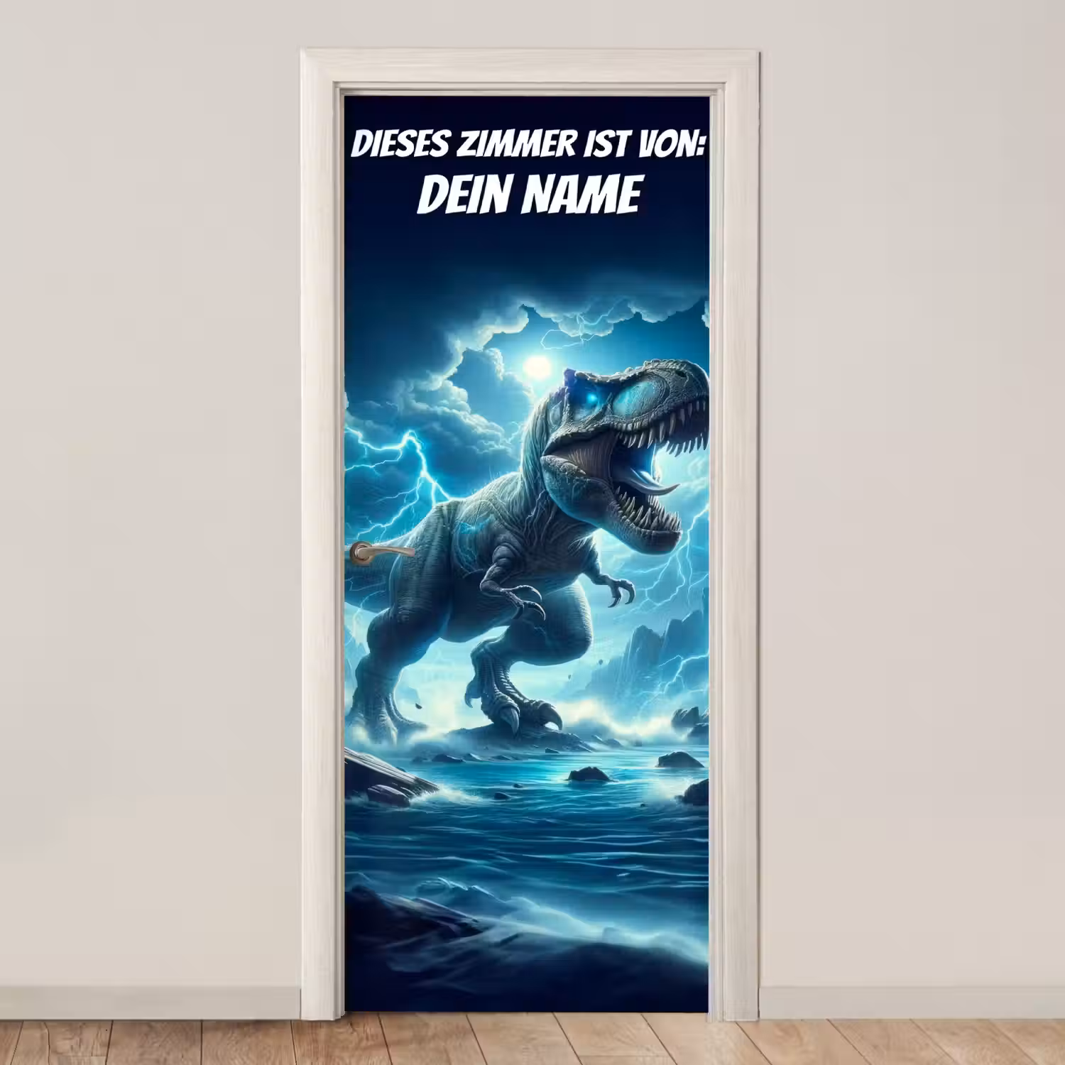 T-Rex im Sturm mit Namensfeld. deurposter klein -3d_beige