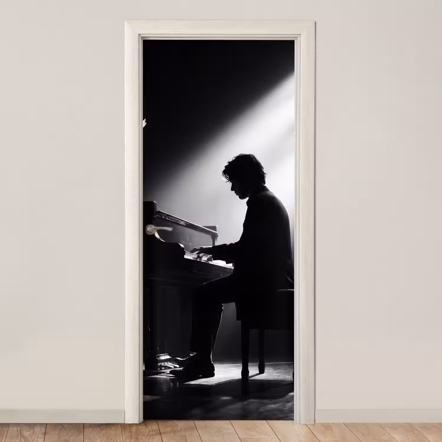 Persoon - Piano - Muziek - Zwart-wit - Podium deurposter klein -3d_beige