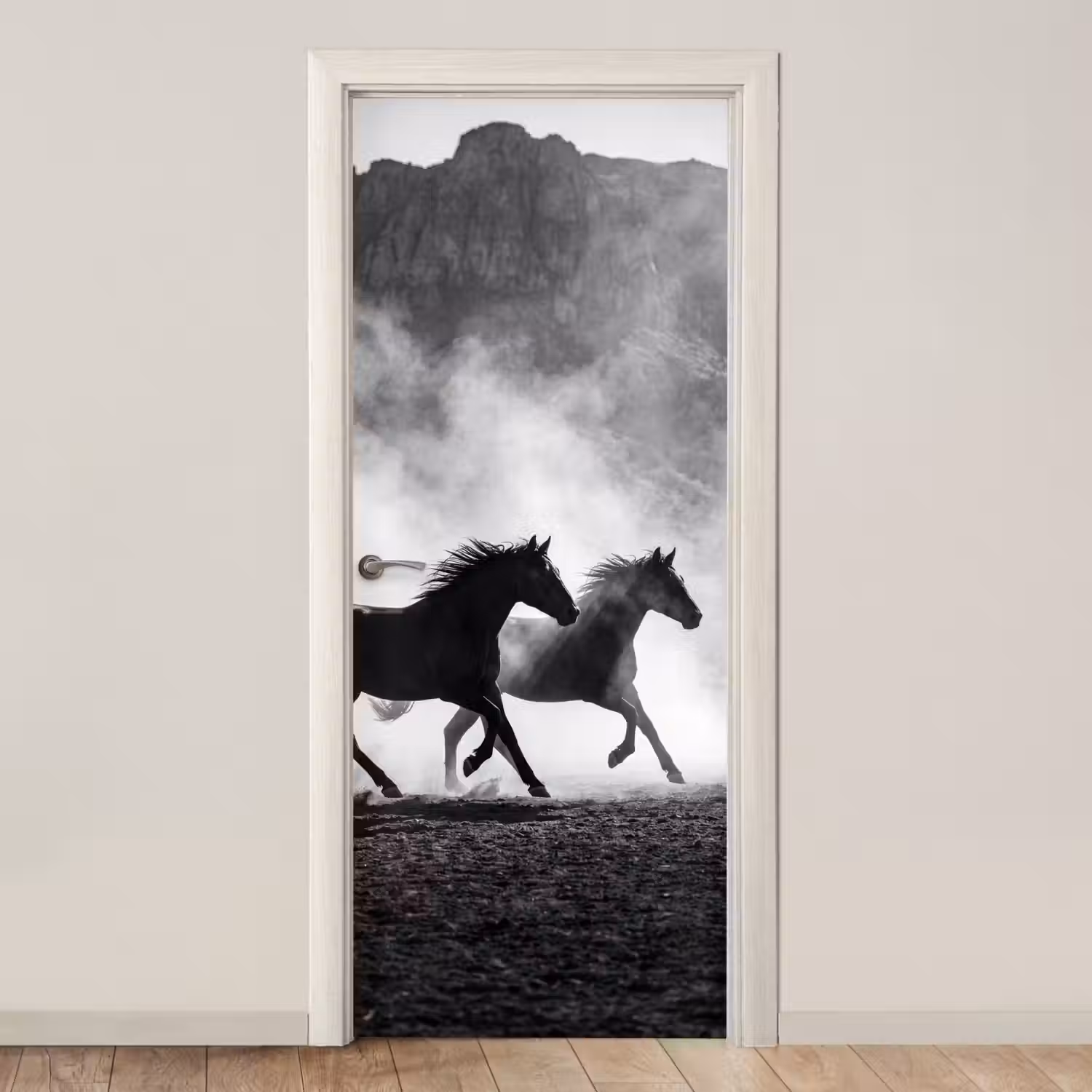 Paard - Ren - Stof - Zwart-wit - Dieren deurposter klein -3d_beige