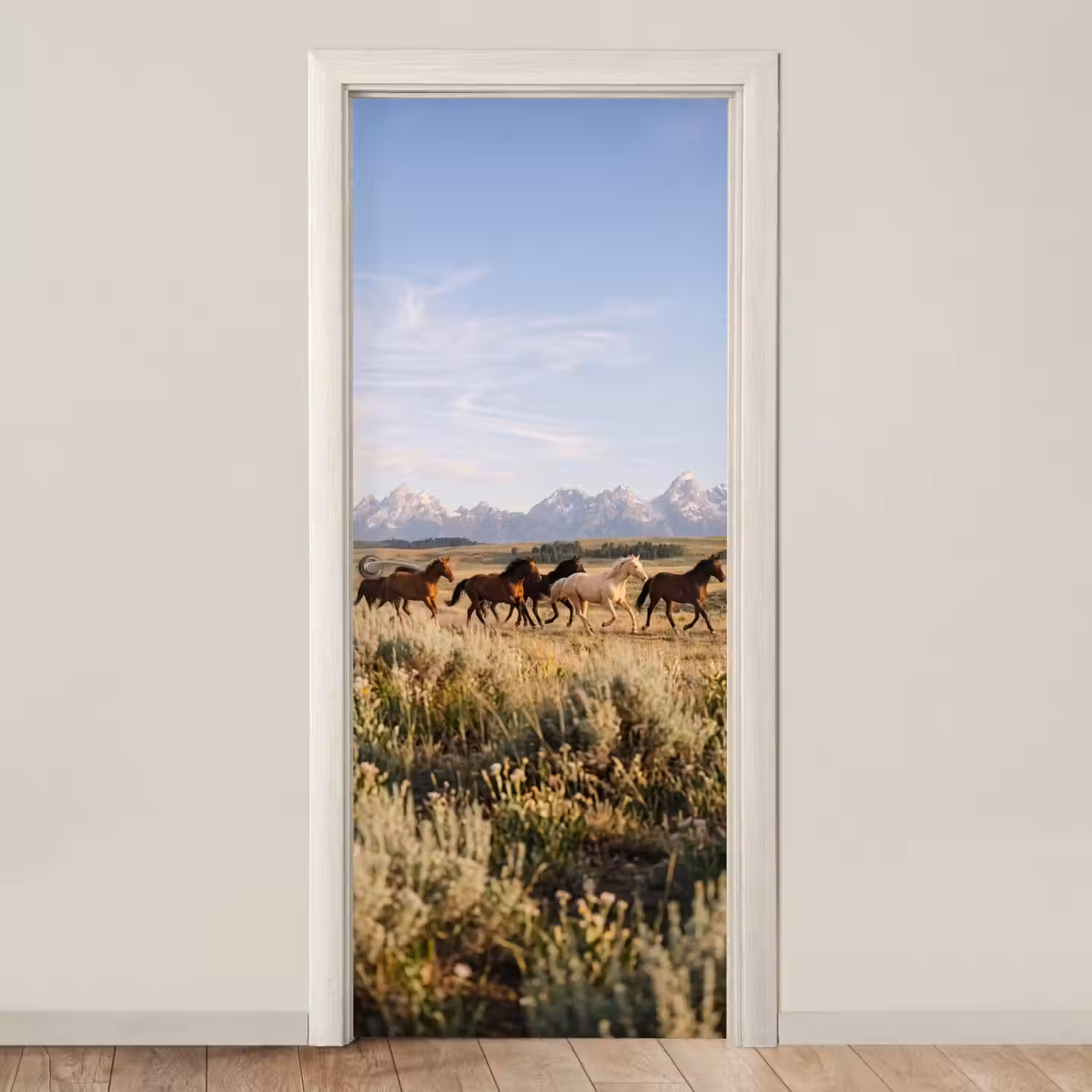 Paarden - Kudde - Bergen - Vrijheid - Wild deurposter klein -3d_beige