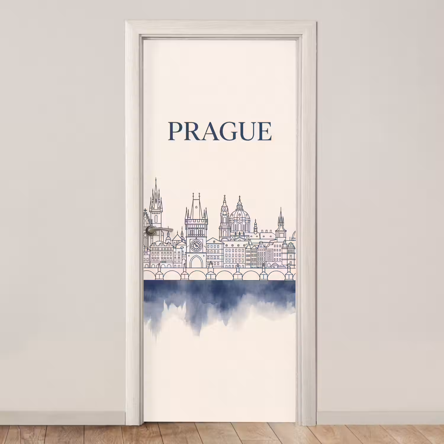 Praag - Skyline - Architectuur - Blauw deurposter klein -3d_beige