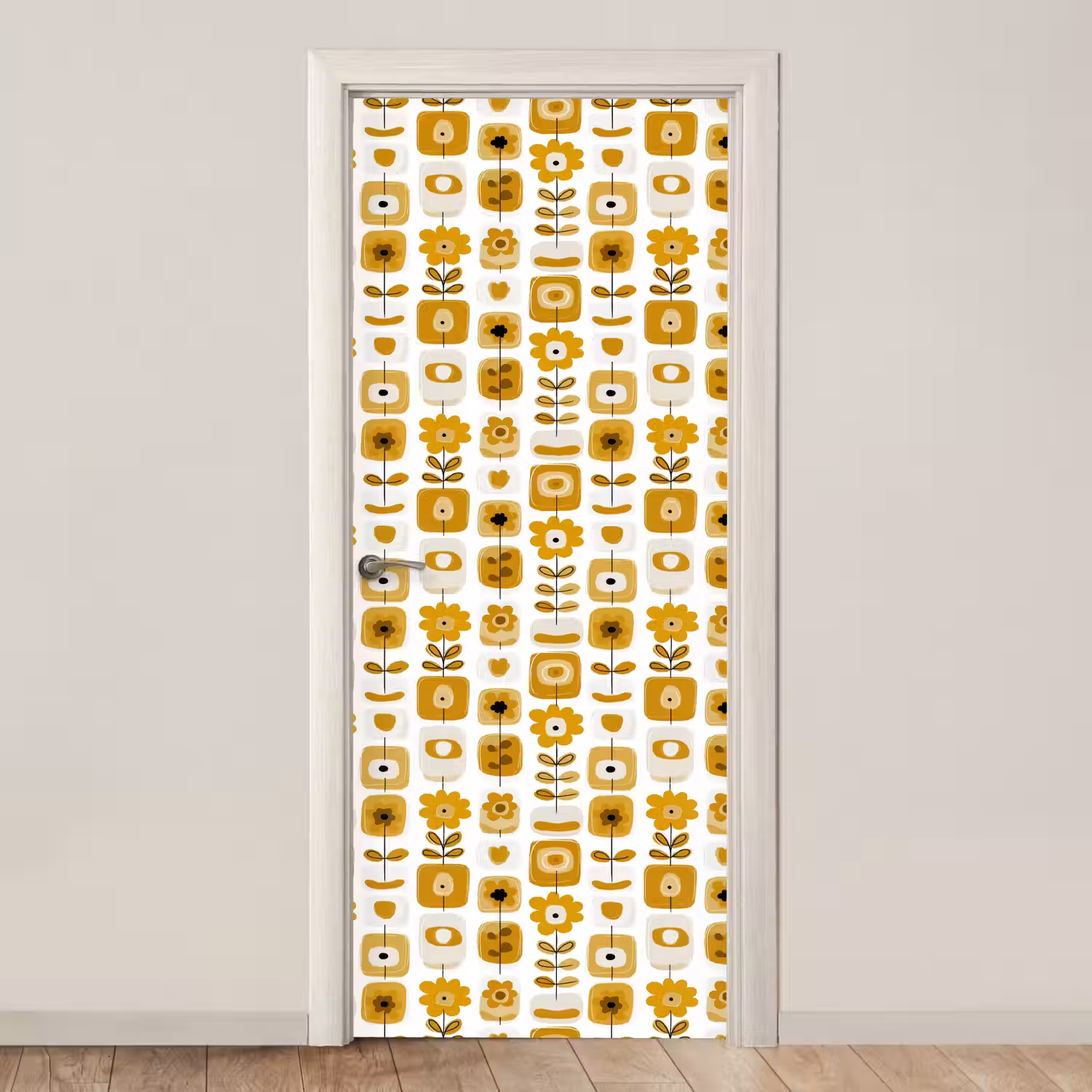 Retro - Abstract - Bloemen - Okergeel deurposter klein 289 -3d_beige