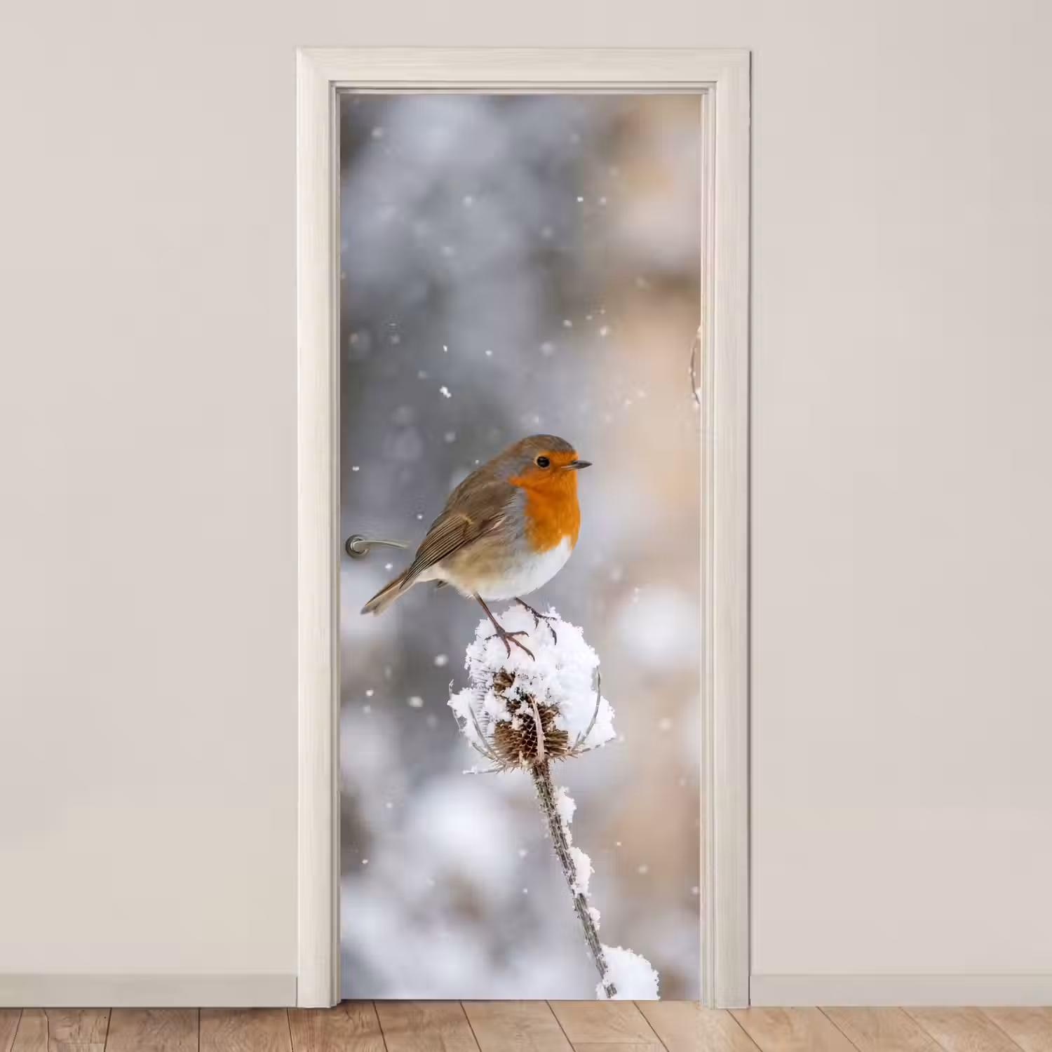 Roodborstje - Gedroogde bloem - Sneeuw - Winter - Vertederend deurposter klein -3d_beige