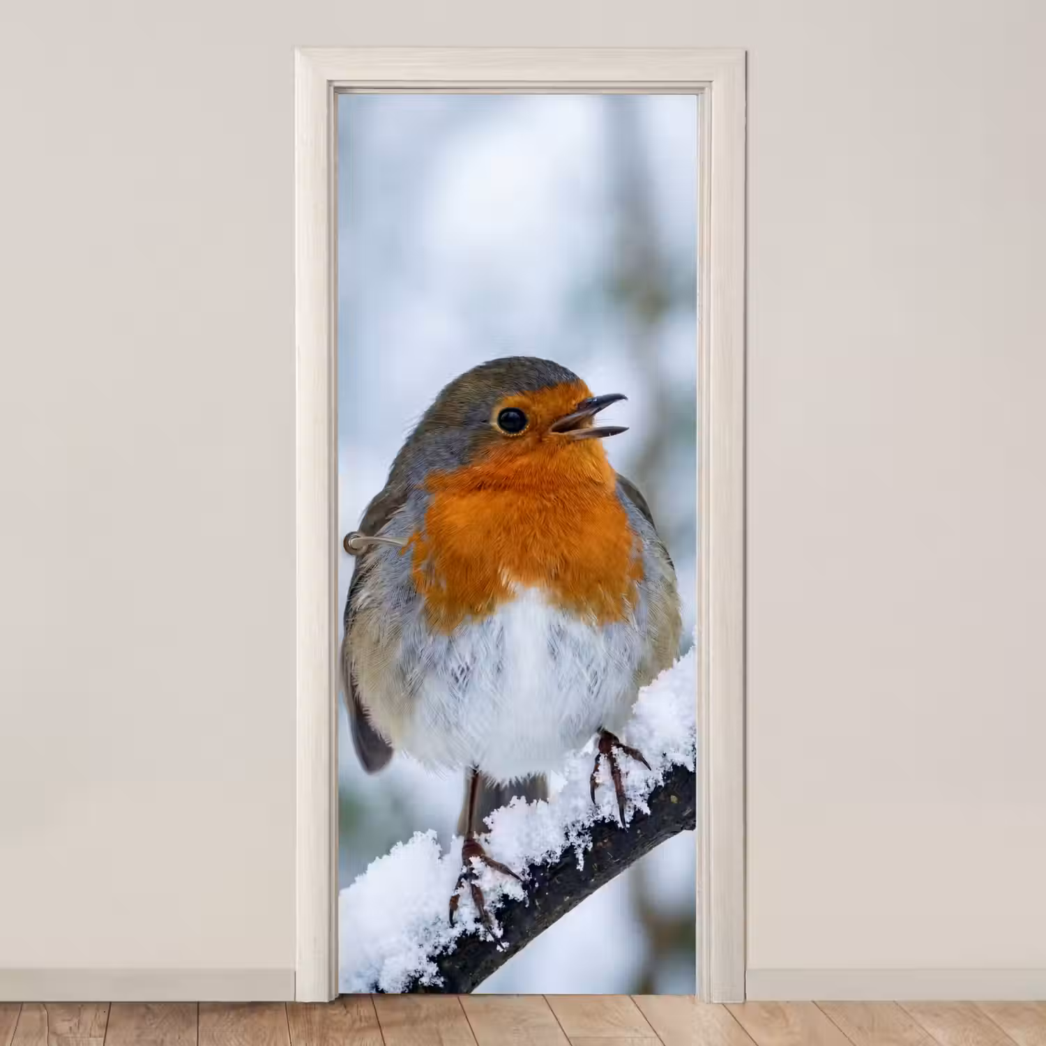 Roodborstje - Tak - Sneeuw - Winter - Levendig deurposter klein -3d_beige