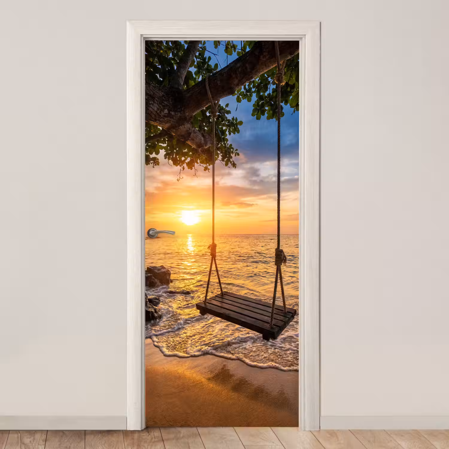 Schommel - Strand - Zonsondergang - Natuur - Oranje deurposter klein -3d_beige