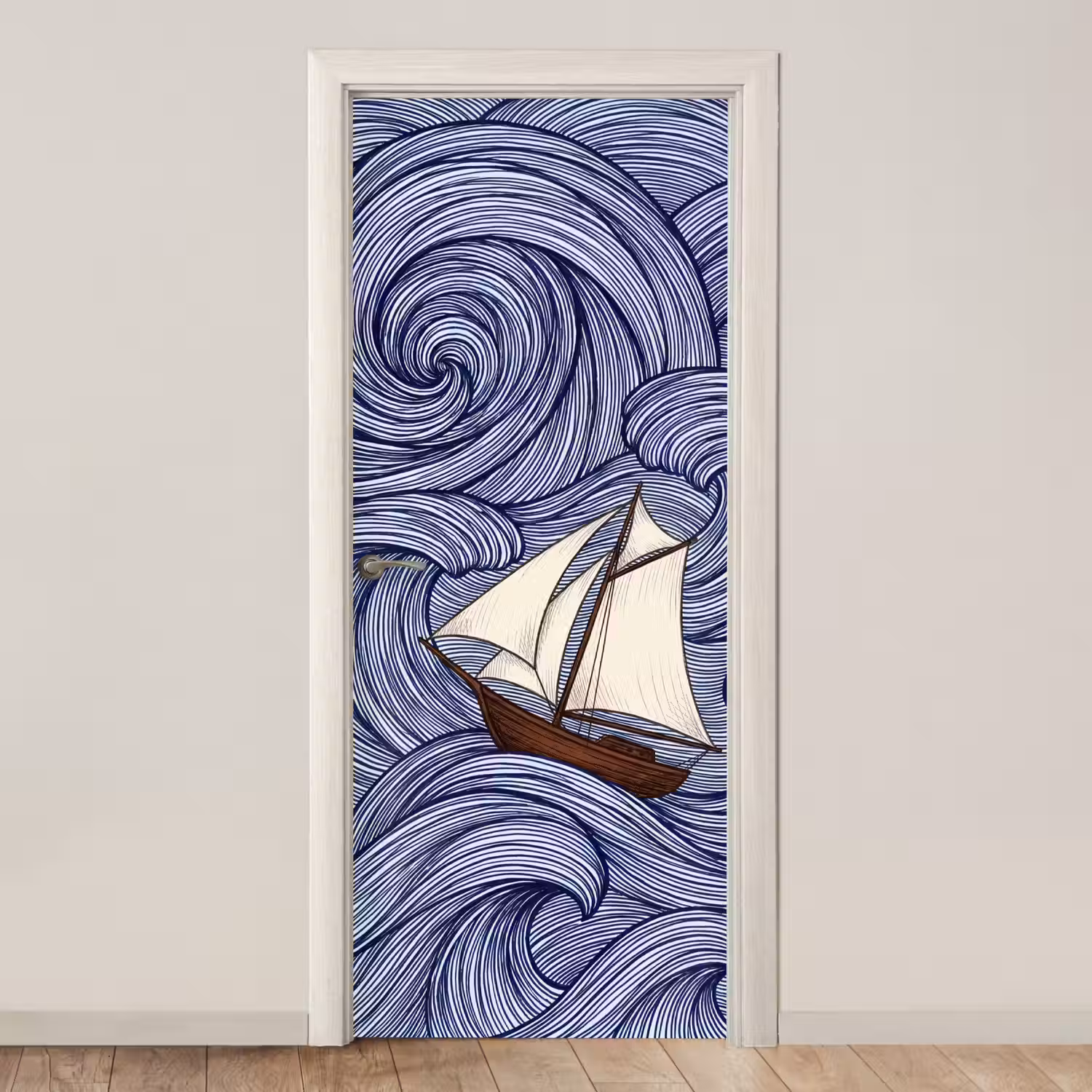 Schip - Golven - Zee - Illustratie - Blauw deurposter klein -3d_beige