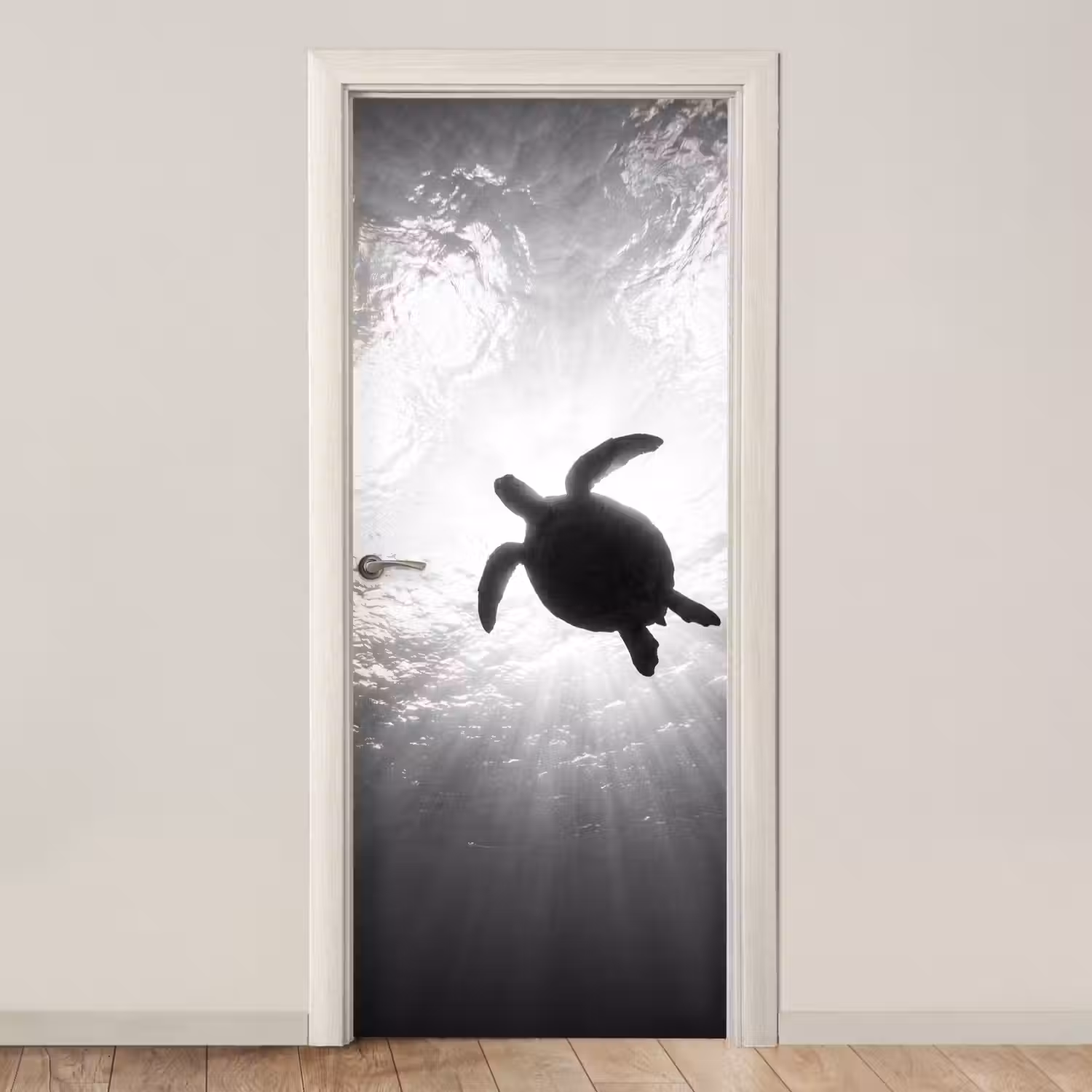 Schildpad - Onderwater - Lichtstralen - Oceaan - Zwart-wit deurposter klein -3d_beige