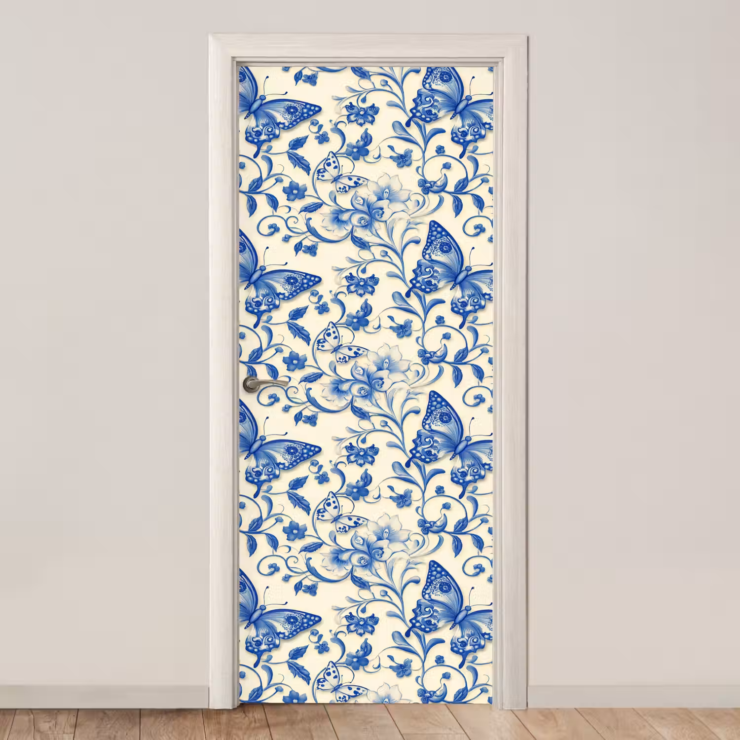 Vlinders - Bloemen - Blauw - Botanisch deurposter klein 289 -3d_beige