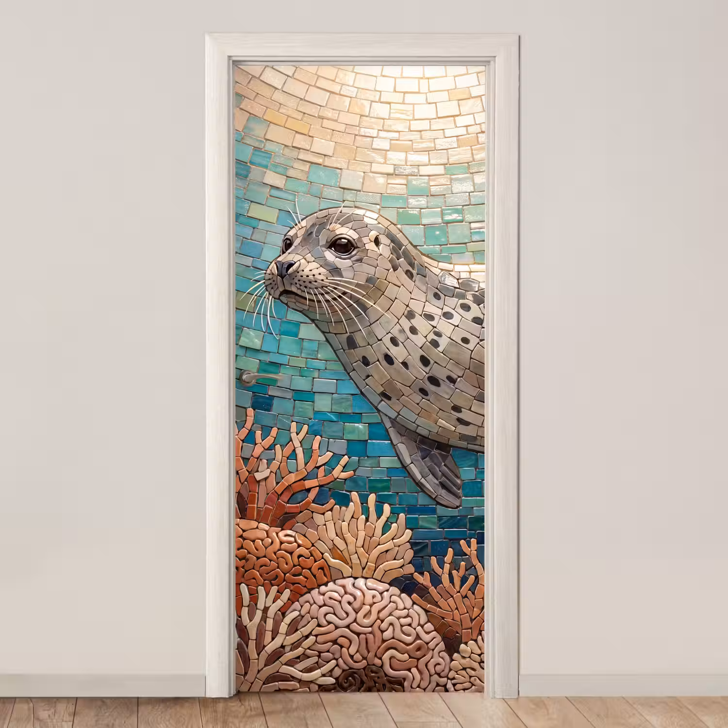 Zeehond - Mozaïek - Onderwater - Dieren - Blauw deurposter klein -3d_beige