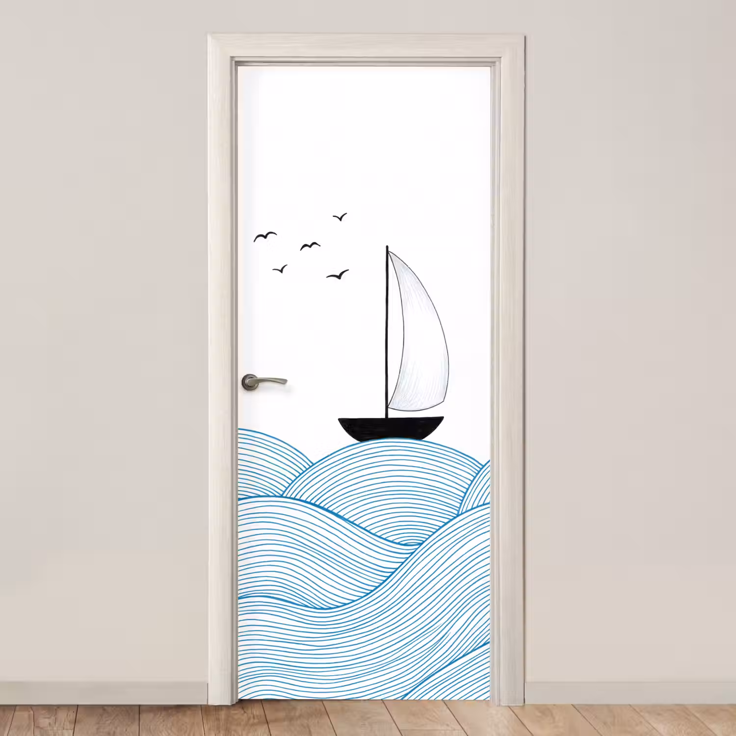 Zeilboot - Golven - Zee - Illustratie - Blauw deurposter klein -3d_beige