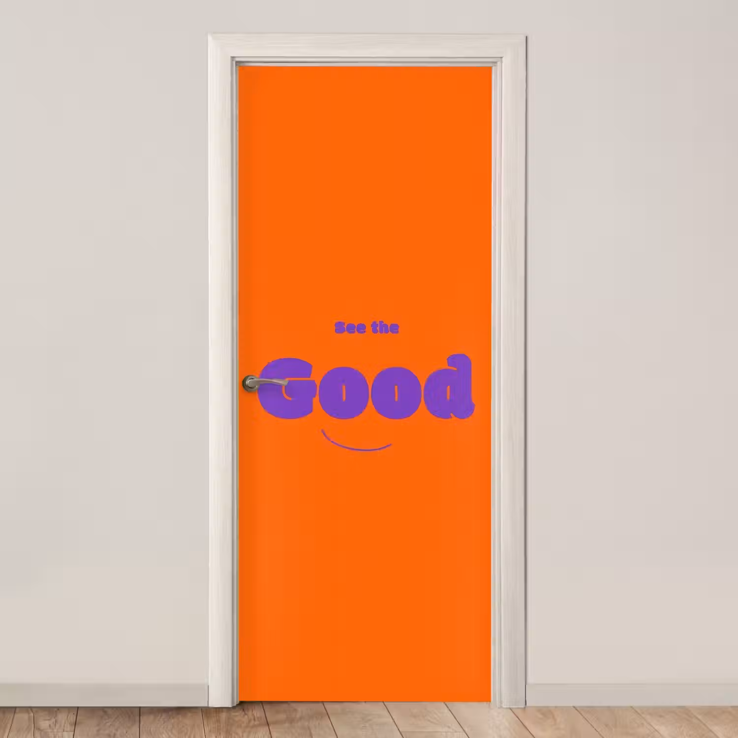 See the good - Paars - Oranje - Smiley deurposter klein -3d_beige