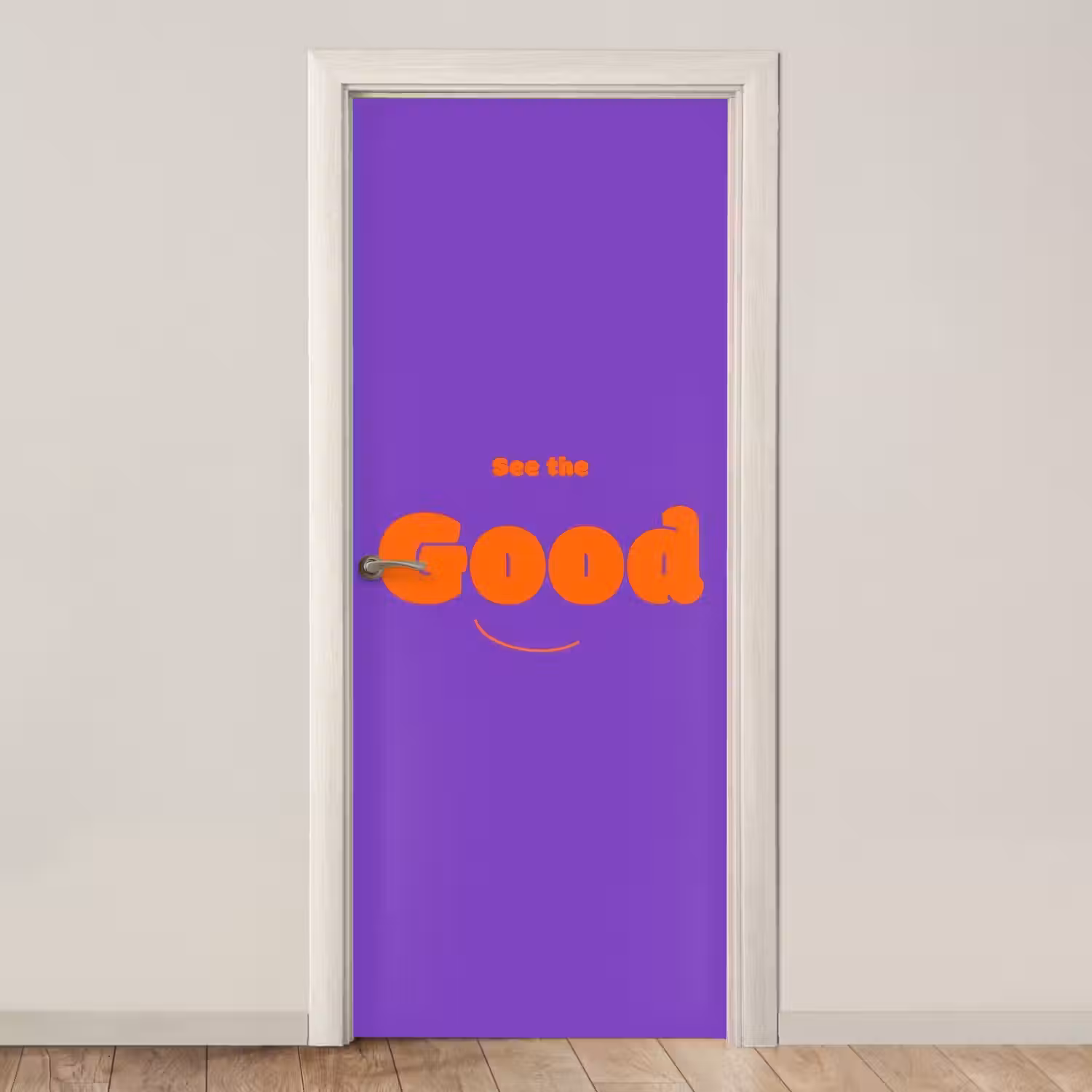 See the good - Oranje - Paars - Smiley deurposter klein -3d_beige