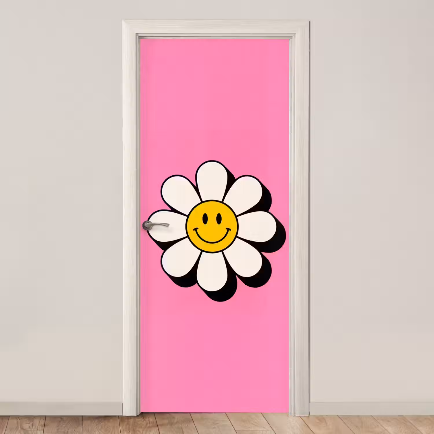 Smiley - Bloem - Roze deurposter klein -3d_beige