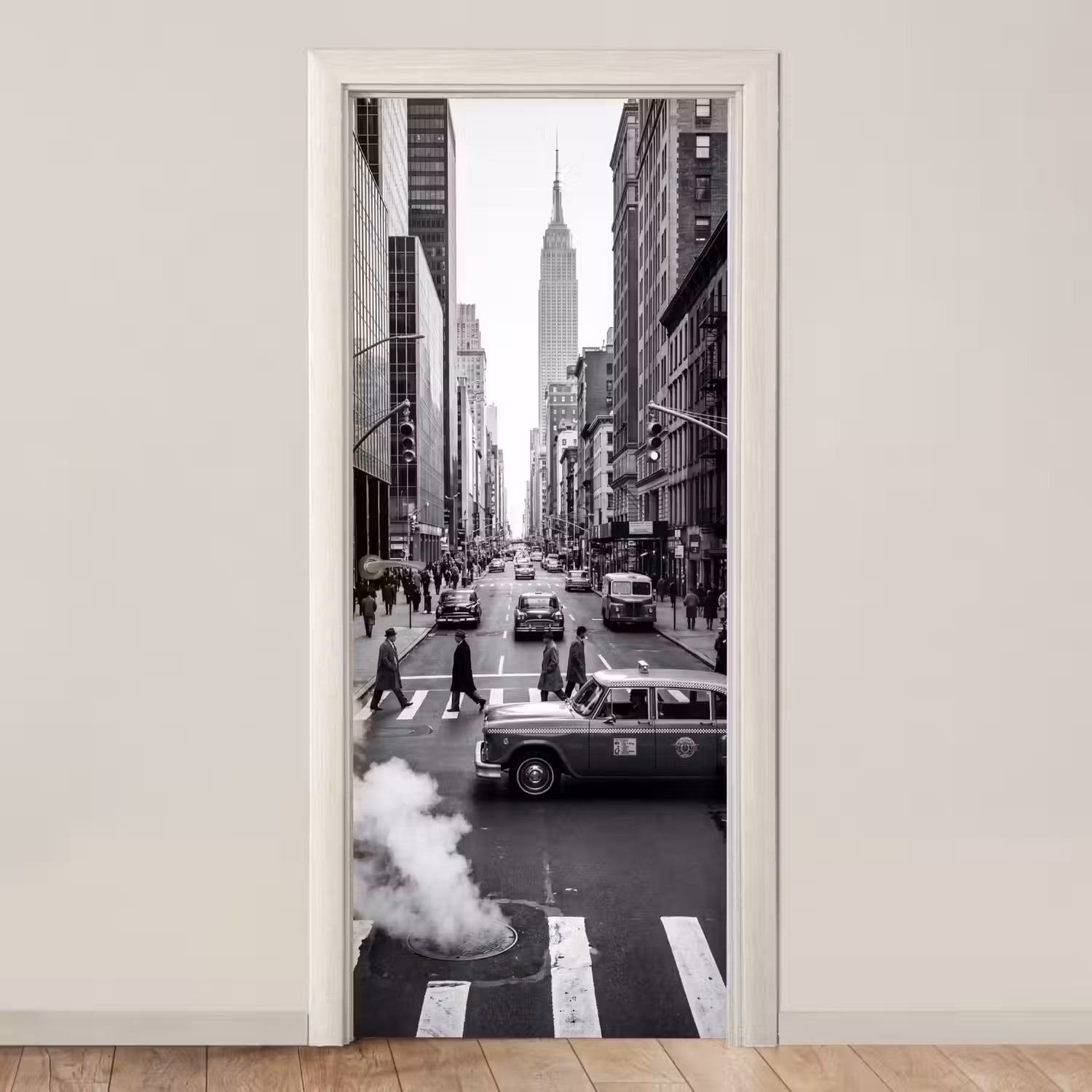 Stad - Straat - Gebouwen - Verkeer - Zwart-wit deurposter klein -3d_beige