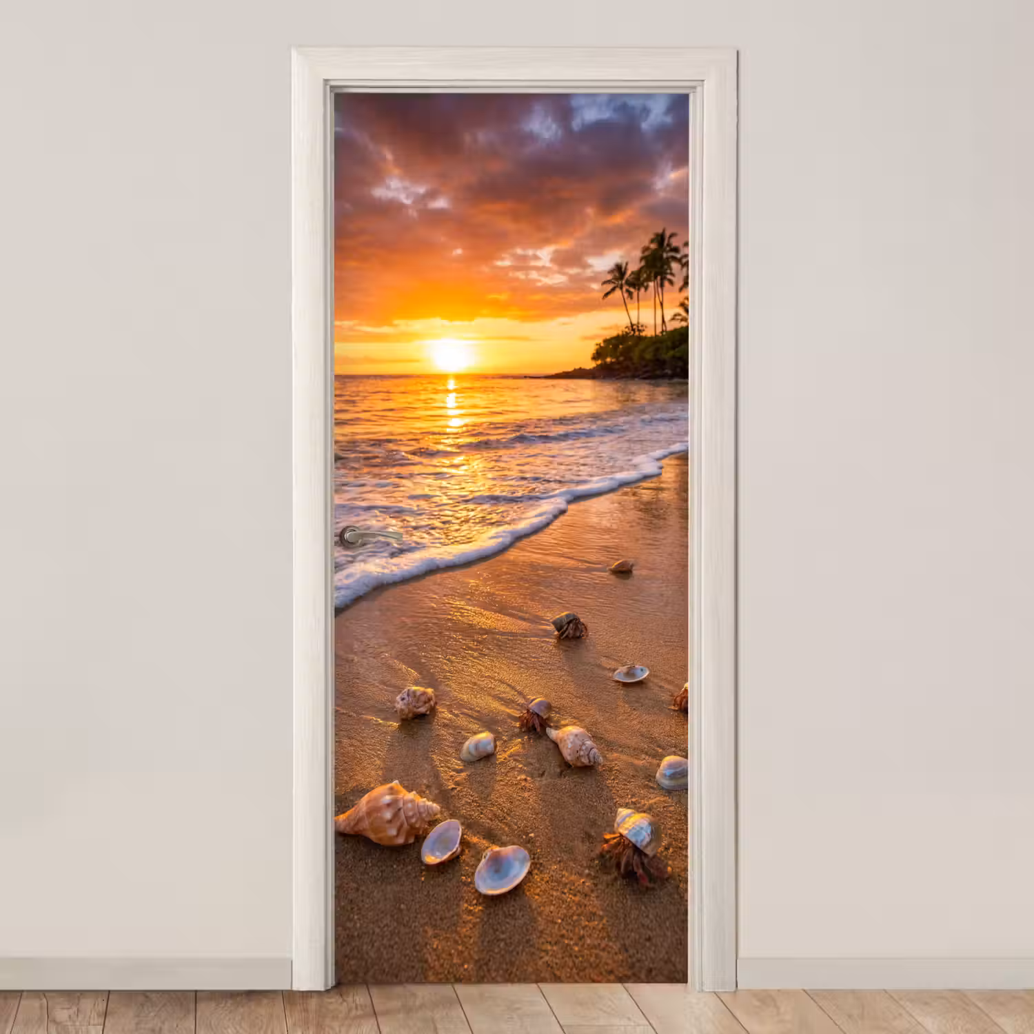 Strand - Zonsondergang - Palmbomen - Natuur - Oranje deurposter klein -3d_beige