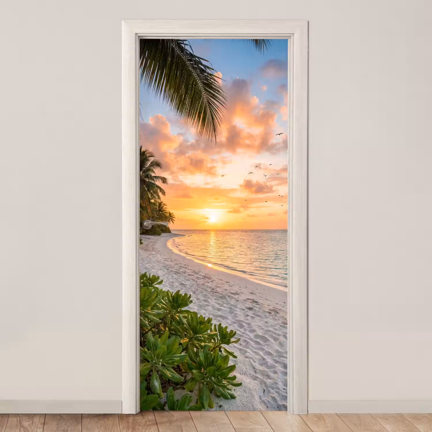 Strand - Zonsondergang - Palmbomen - Tropisch - Natuur deurposter klein -3d_beige