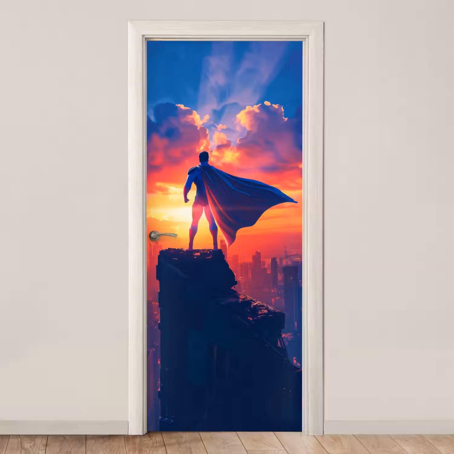 Superheld - Stad - Jongens - Kleurrijk - Zon deurposter klein -3d_beige