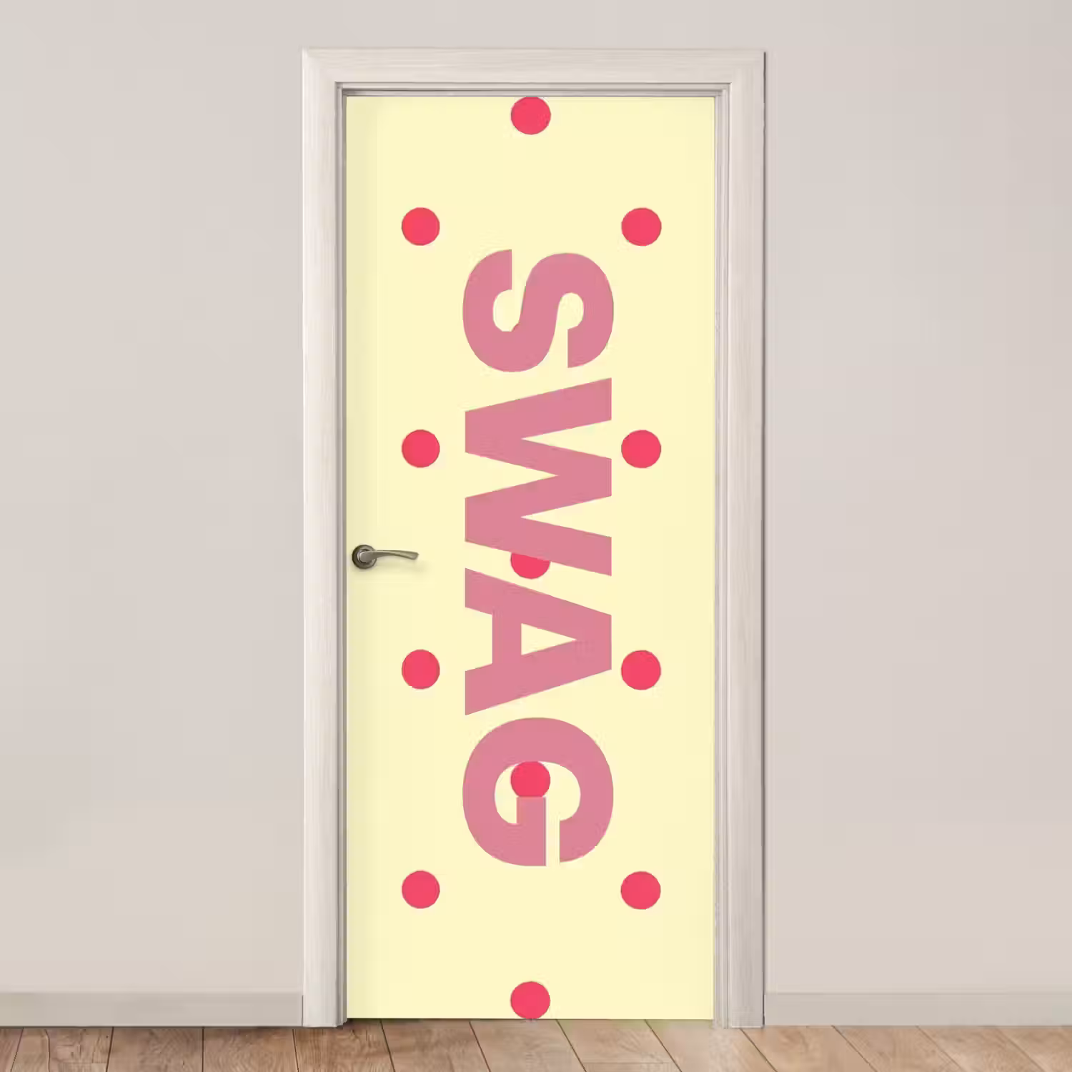 Swag - Roze - Stippen - Geel deurposter klein -3d_beige