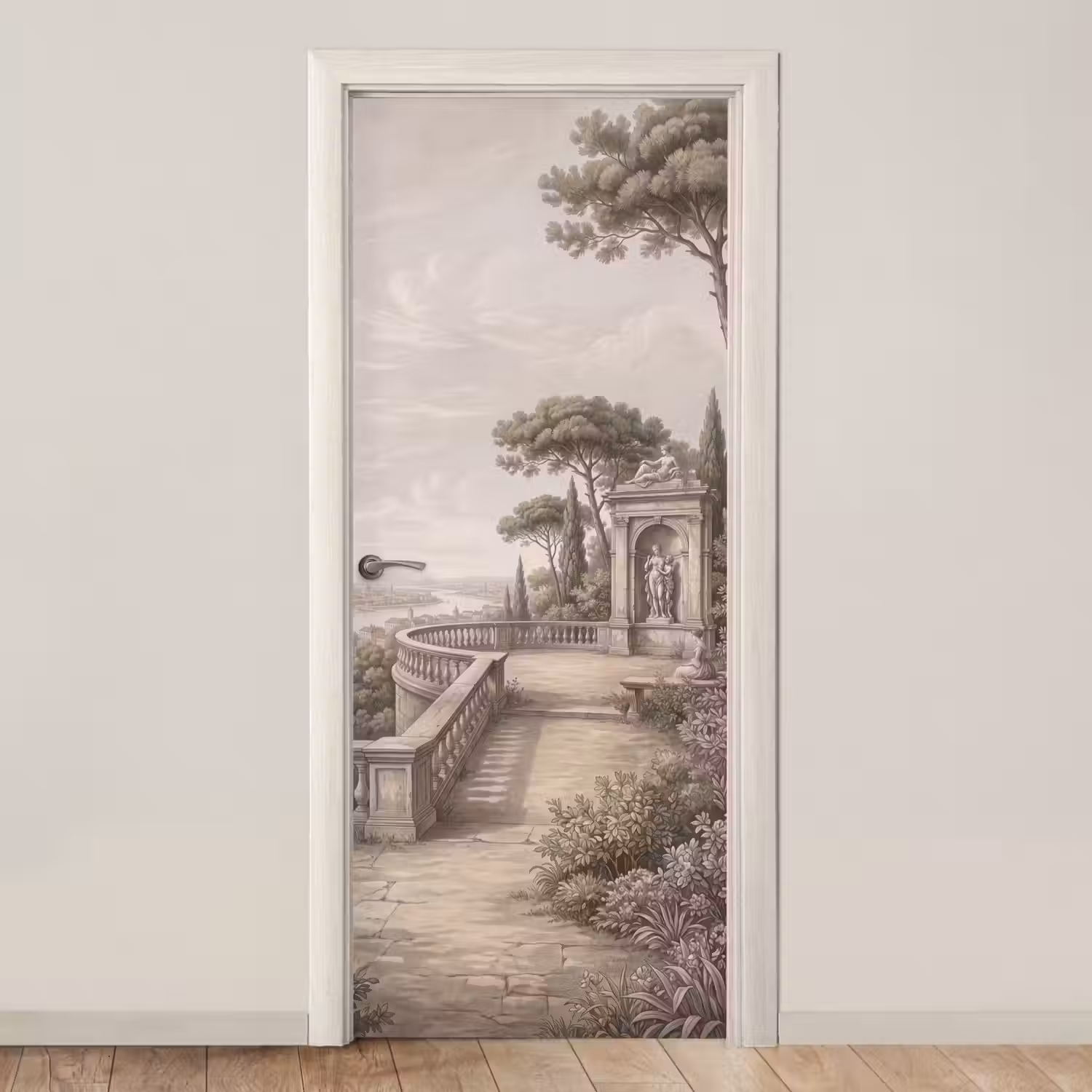 Terras - Stad - Uitzicht - Rivier deurposter klein -3d_beige