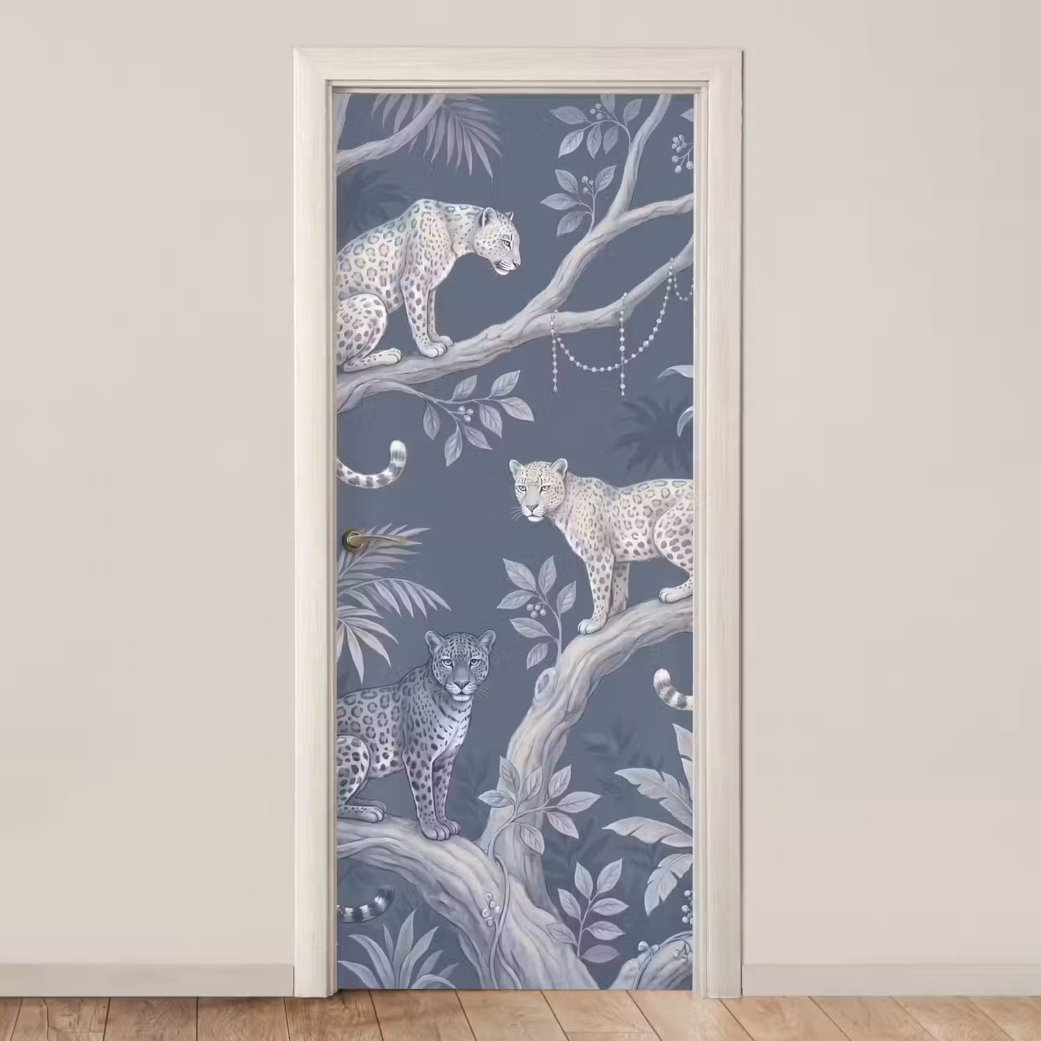 Dieren - Jungle - Illustratie - Bomen - Blauw deurposter klein -3d_beige