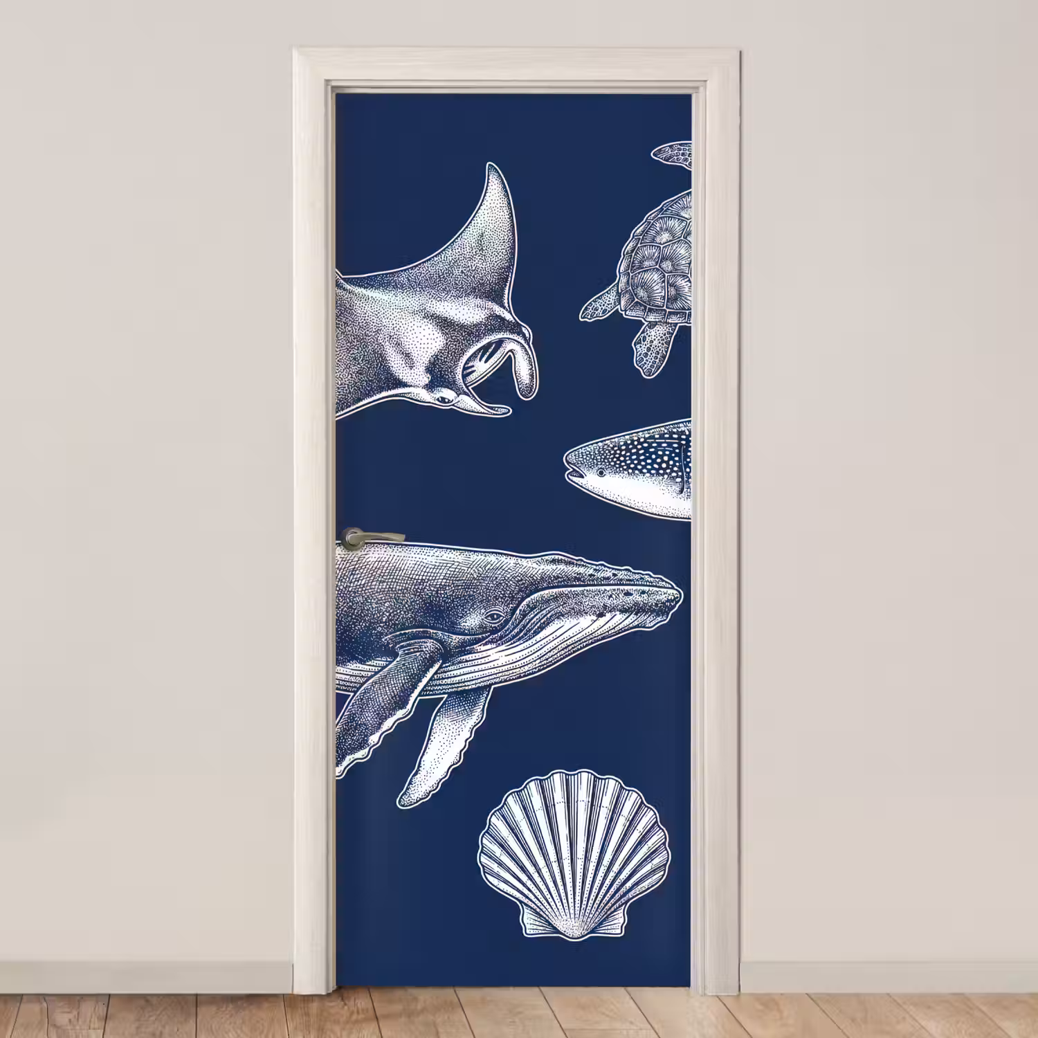 Dieren - Zeeleven - Oceaan - Graveren - Blauw deurposter klein -3d_beige