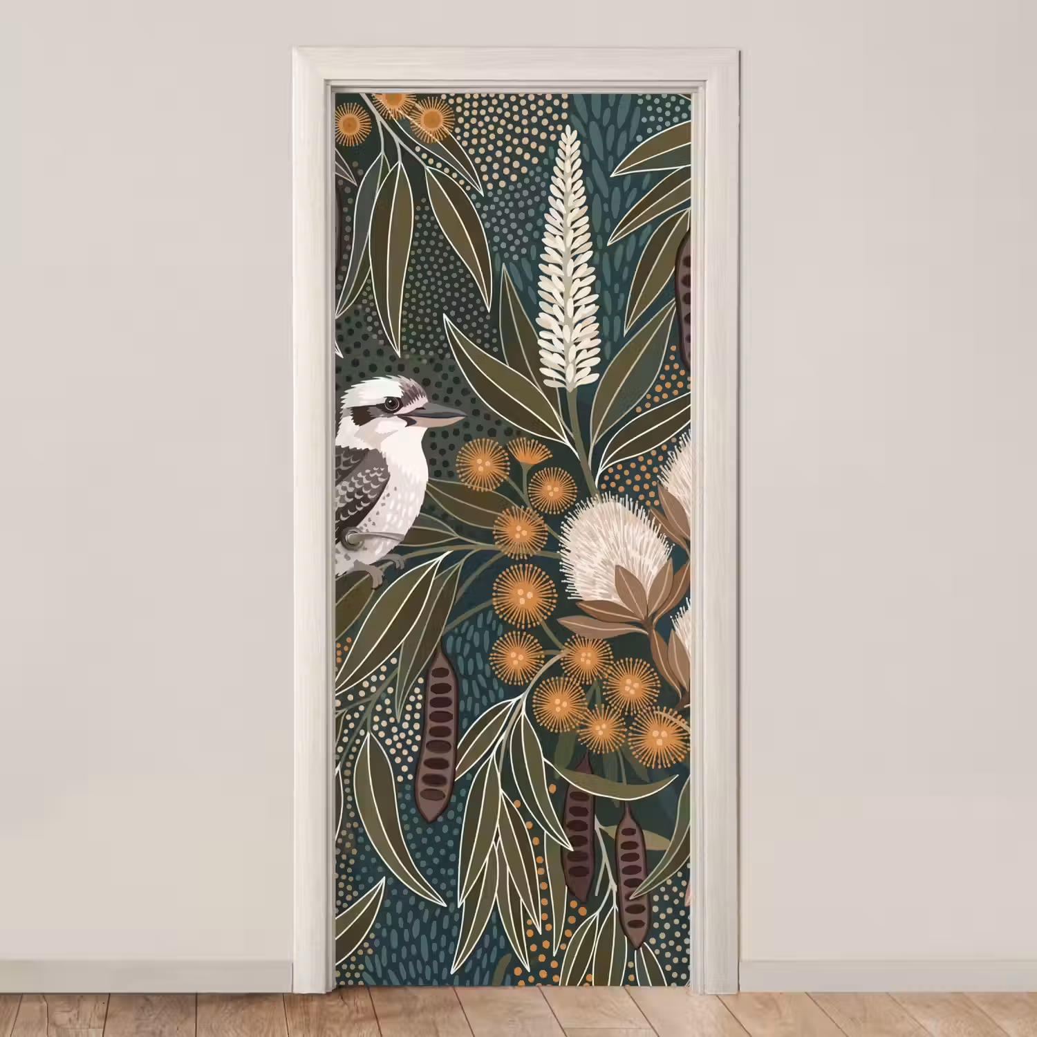 Vogel - Bladeren - Natuur - Illustratie - Groen deurposter klein -3d_beige